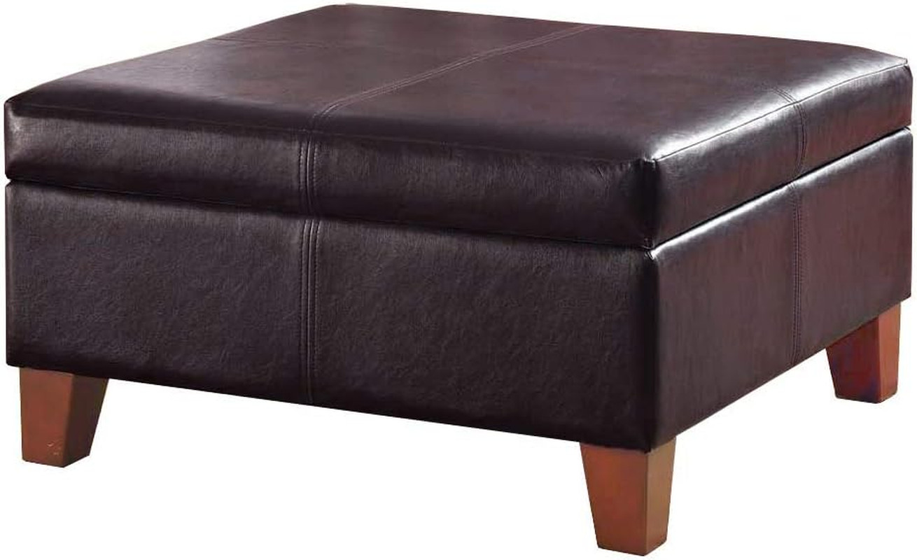 Faux Leather Square Storage Ottoman with Wood Legs, Distressed Brown