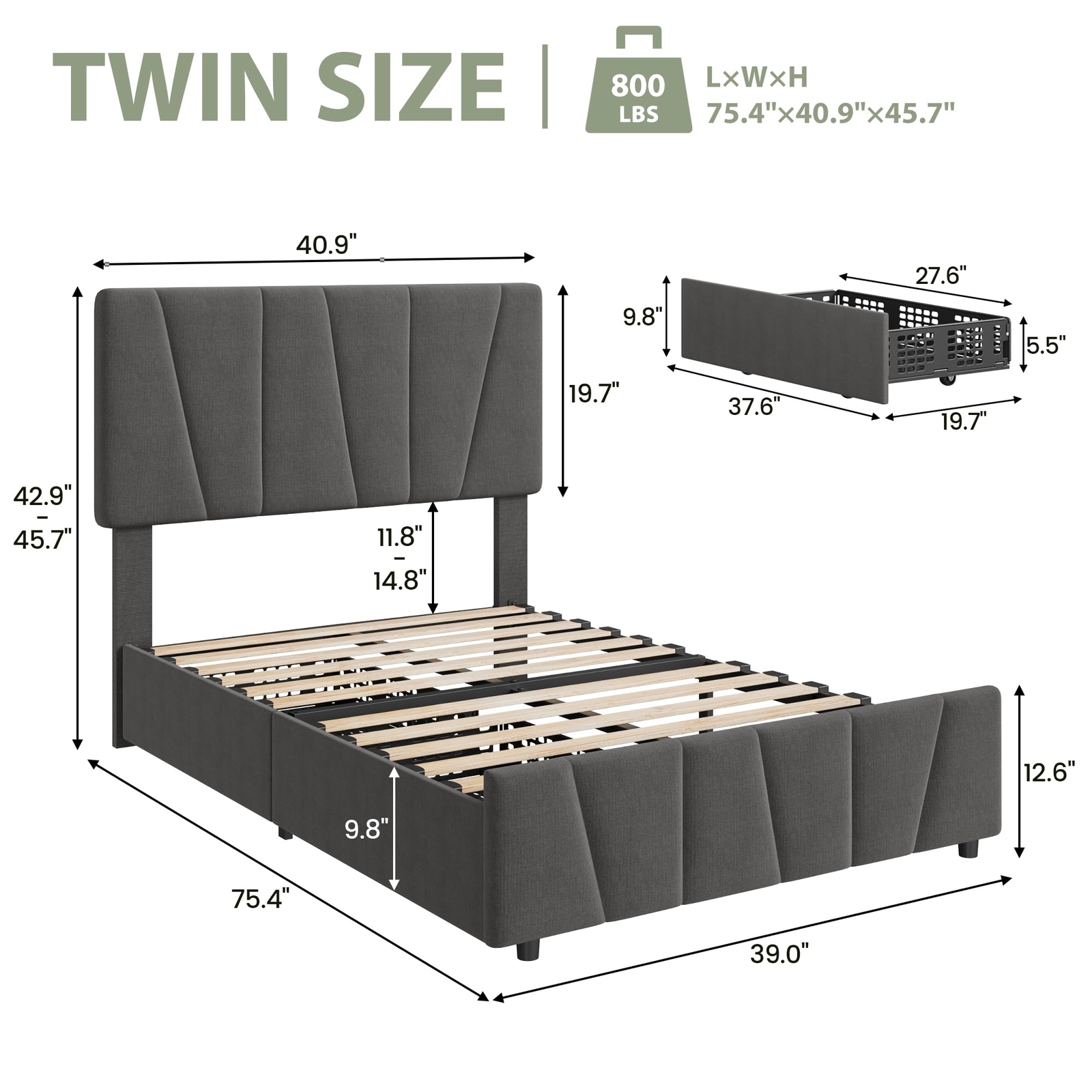 Twin Size Bed Frame with 2 Storage Drawers Upholstered Headboard Metal Platform