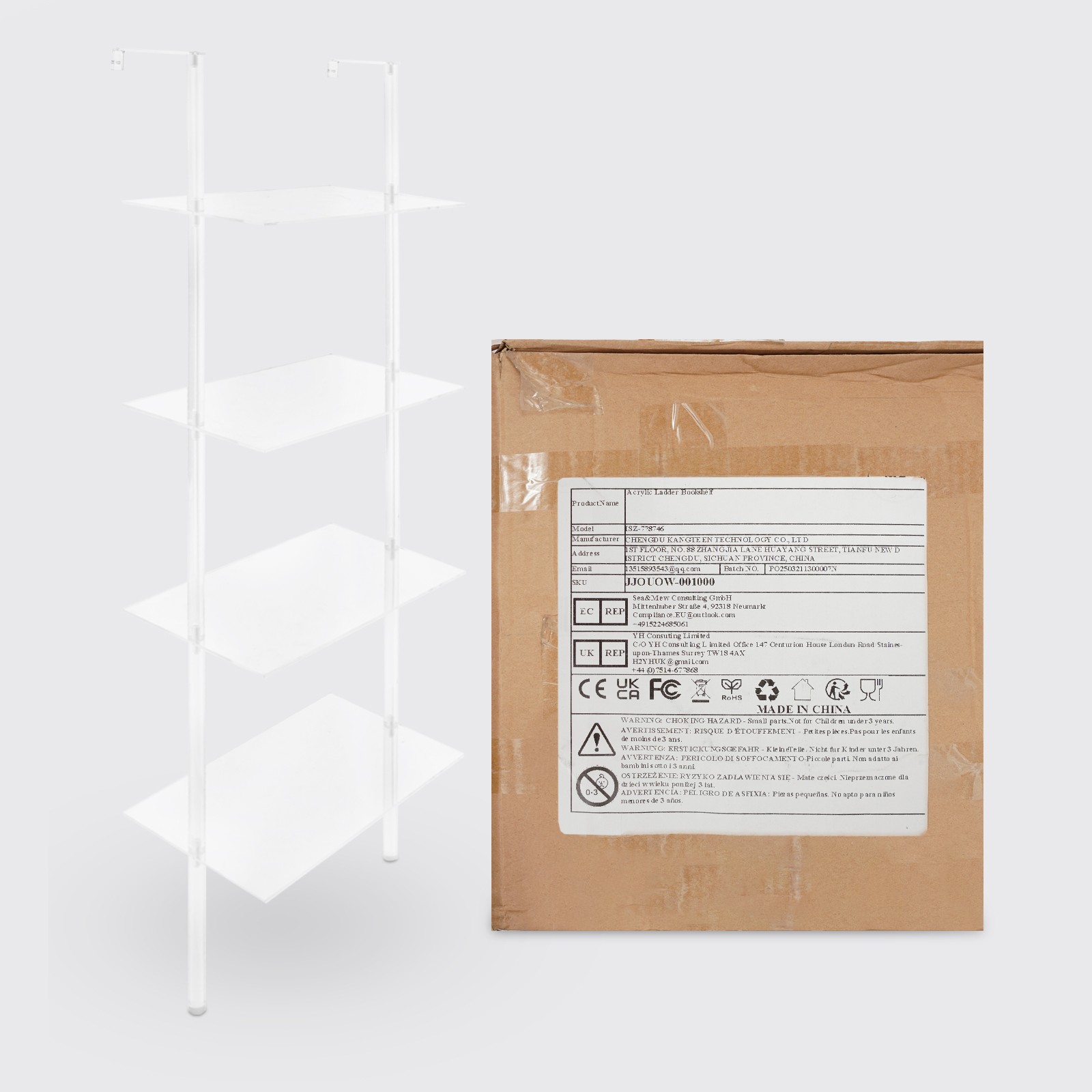 4-Tier Clear Wall Mounted Book Shelf Small Acrylic Ladder Bookshelf 24x36x146cm
