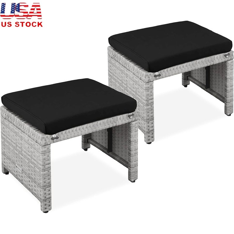 Versatile Wicker Ottoman Set Outdoor Indoor Seating W/ Removable Cushions New