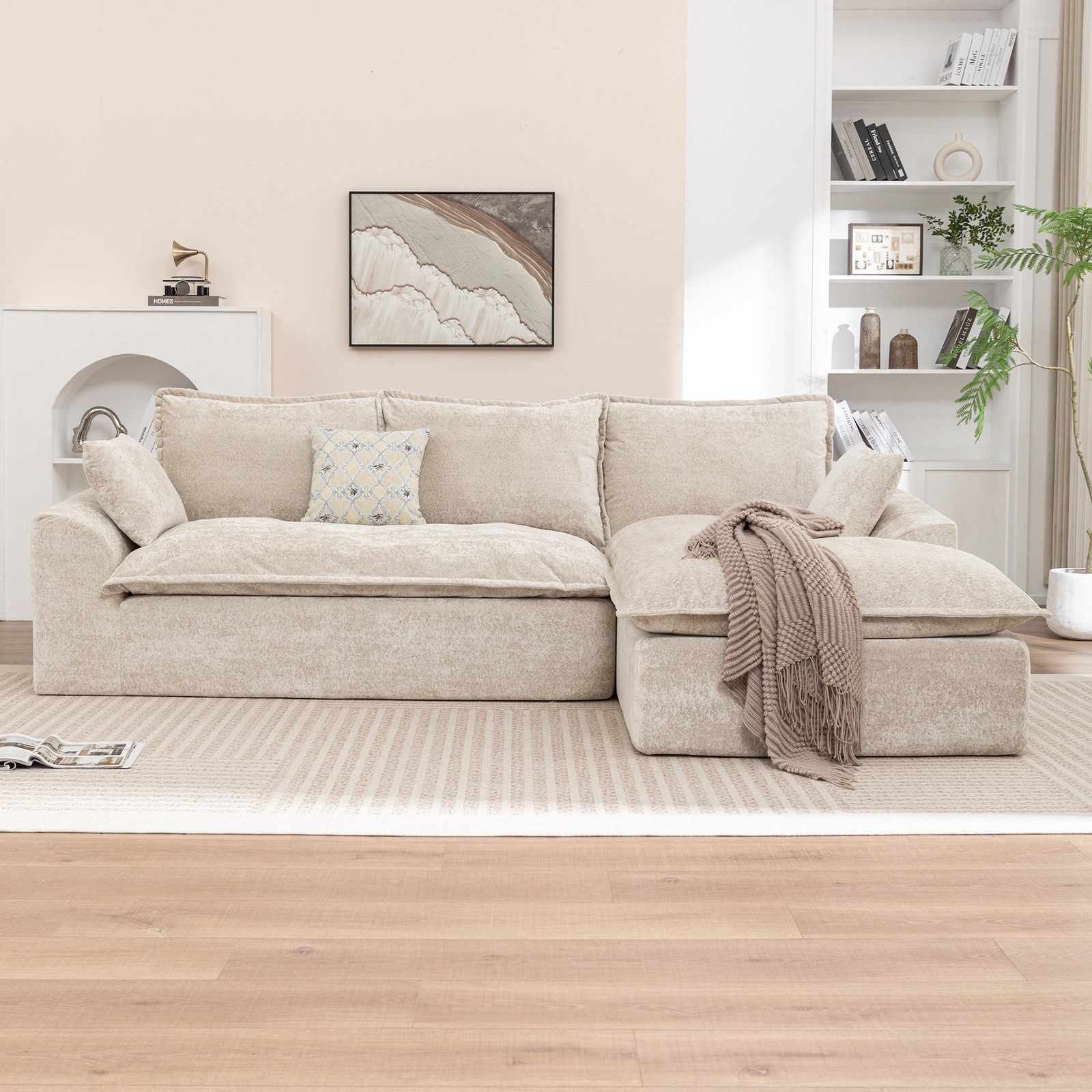 L-Shaped Modular Sectional Sofa with Chaise, Chenille Fabric, Beige