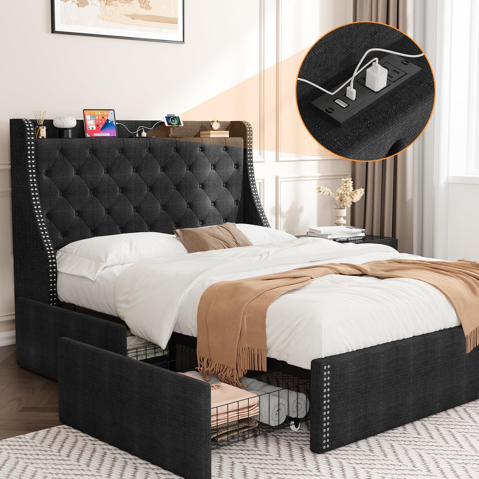 Queen Bed Frame ,Tufted Wingback Headboard ,with 4 Drawers and Charging Station