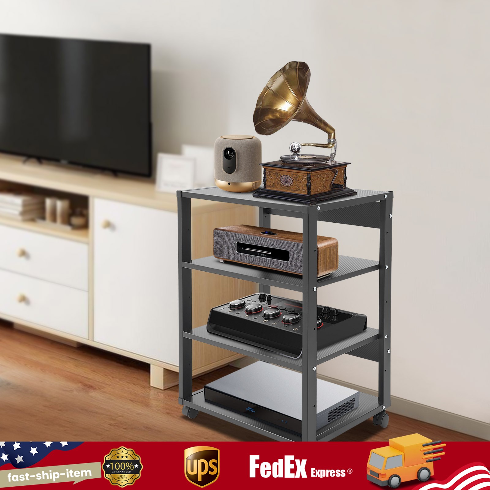 4 Shelf Audio Video TV Media Component Stand Rack AV Equipment Stereo Cabinet