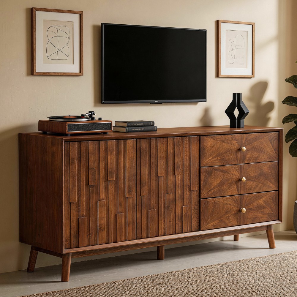 56 Inch Walnut Mid Century Modern TV Stand Solid Wood MDF Entertainment Center