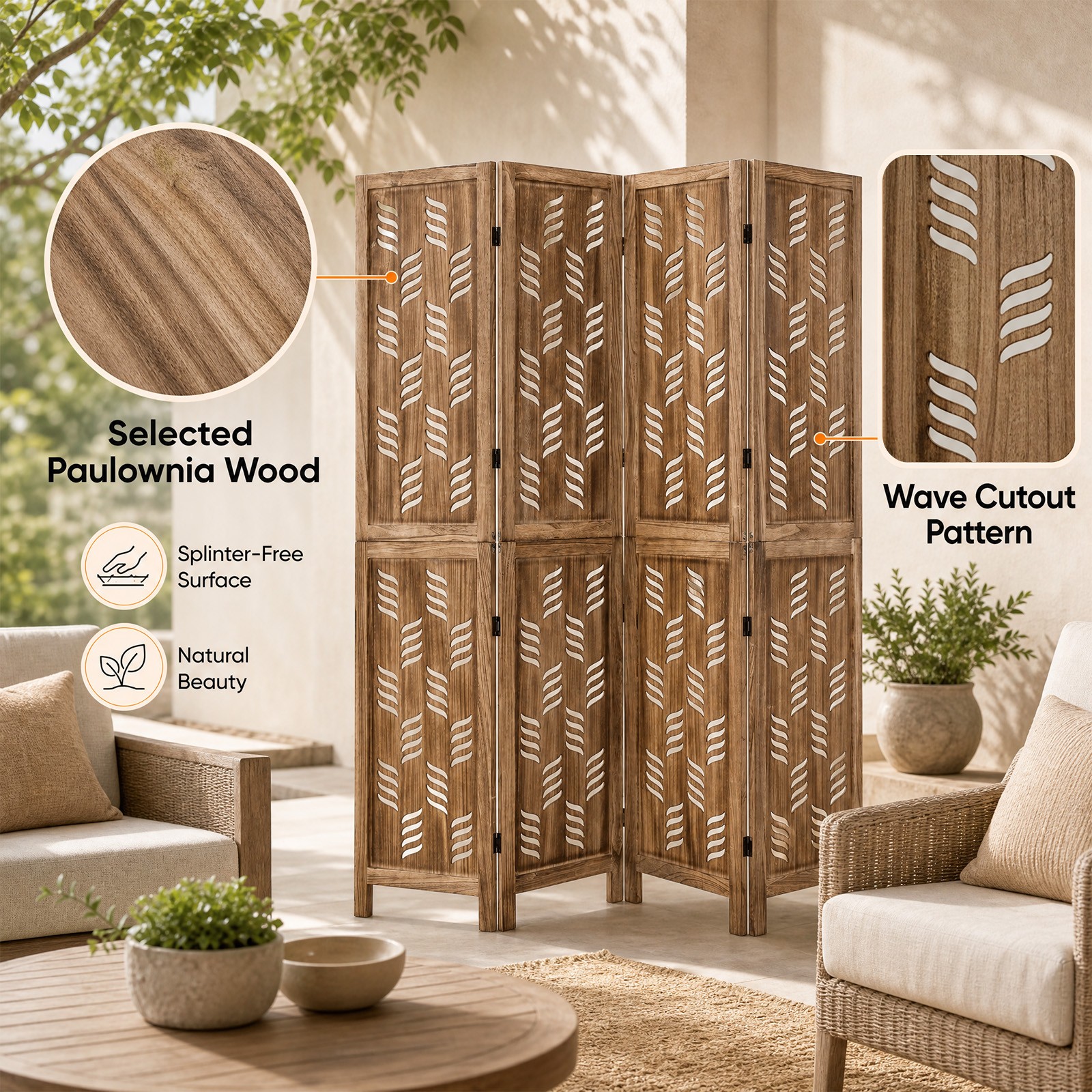 5.5 FT Tall Room Divider w/Paulownia Wood Frame Wave Cutout Pattern 2-Way Hinges