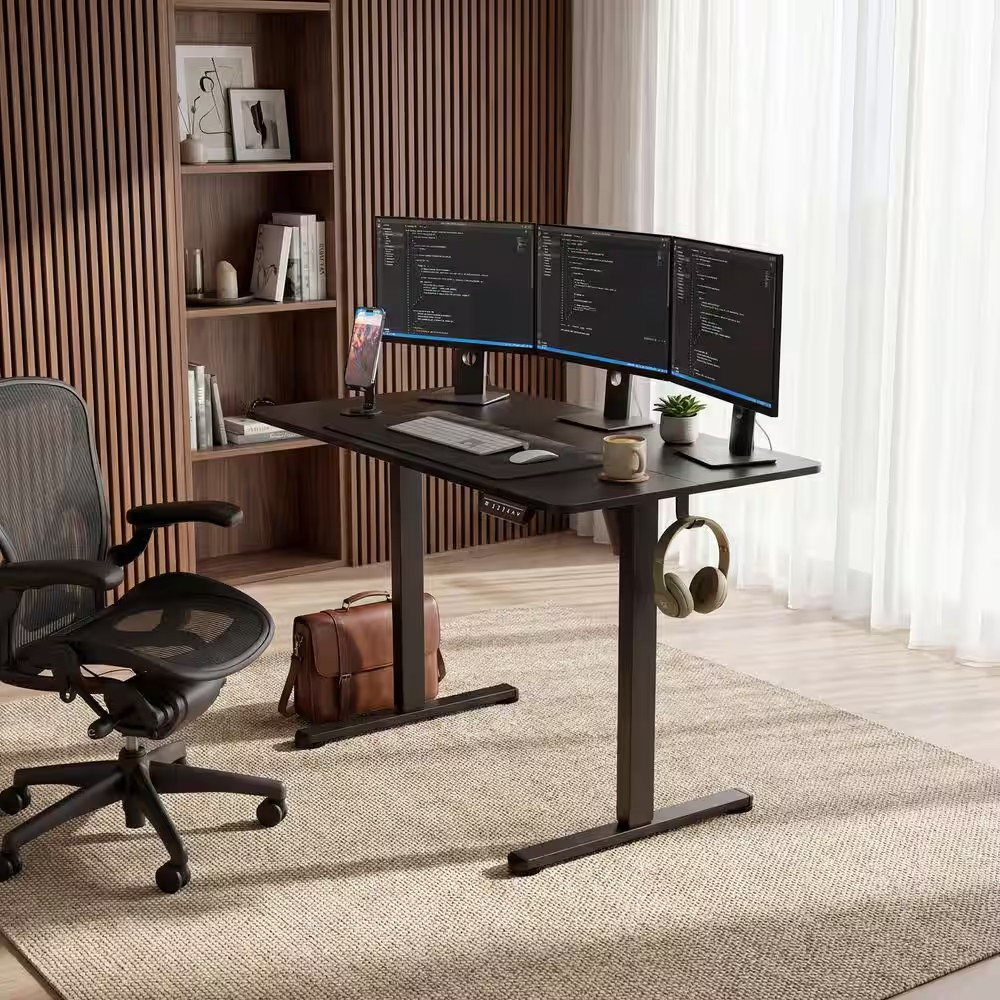 45 In. Rectangular Black Electric Standing Desk with Phone Holder and USB Chargi