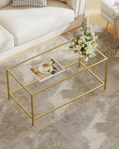 Glass Coffee Table, Modern Rectangular Coffee 39.4 x 19.7 x 17.7 Inches Golden