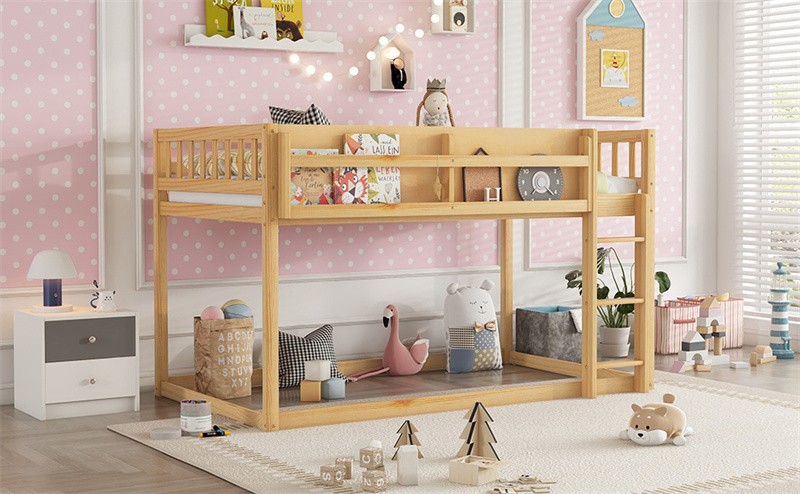 Twin Low Bunk Bed Solid Wood Floor Bunk Bed Frame w/Ladder,Shelf for Kids Junior
