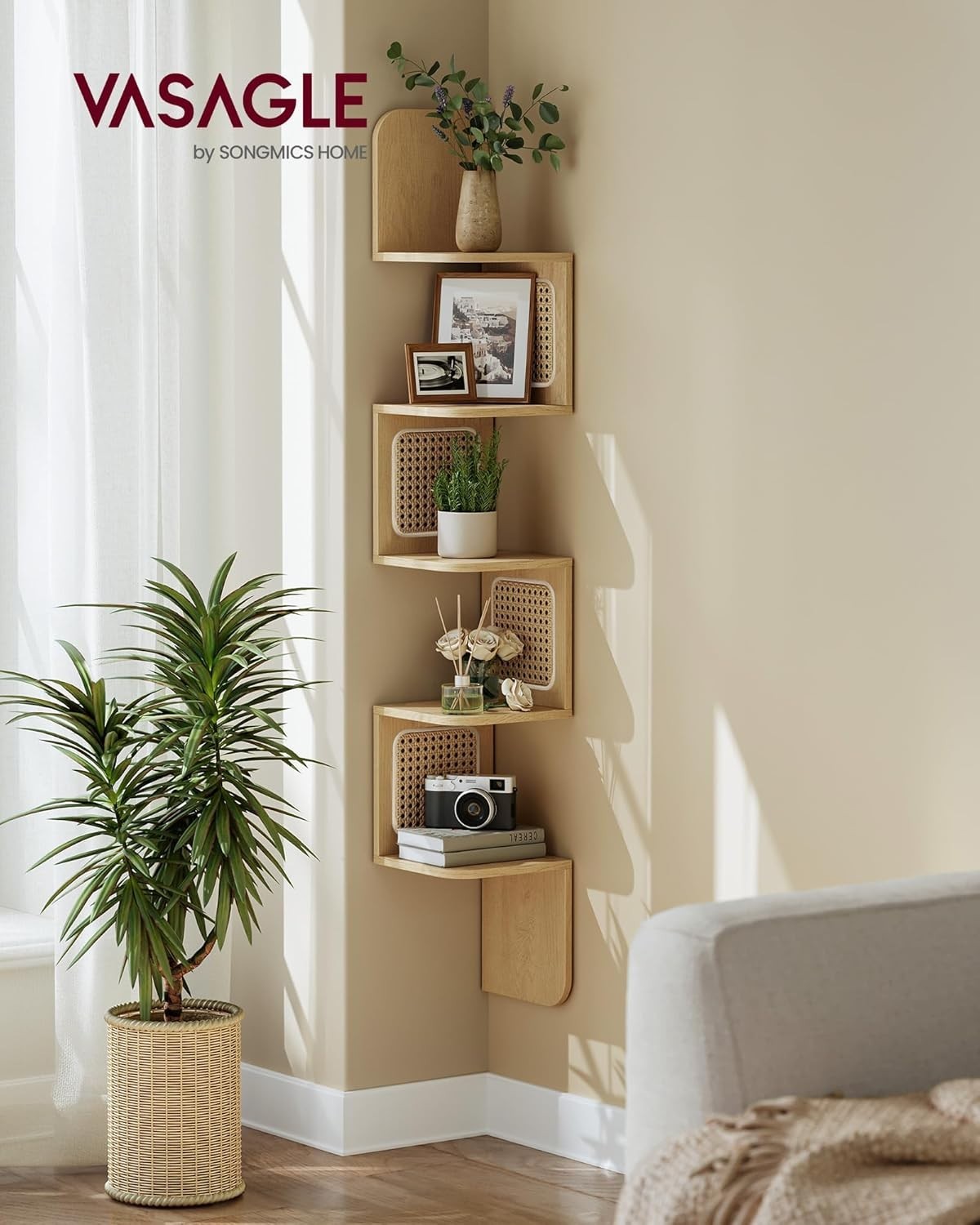 Space-Saving Zigzag Corner Shelf Unit with PVC Rattan Sides, 55lb Capacity