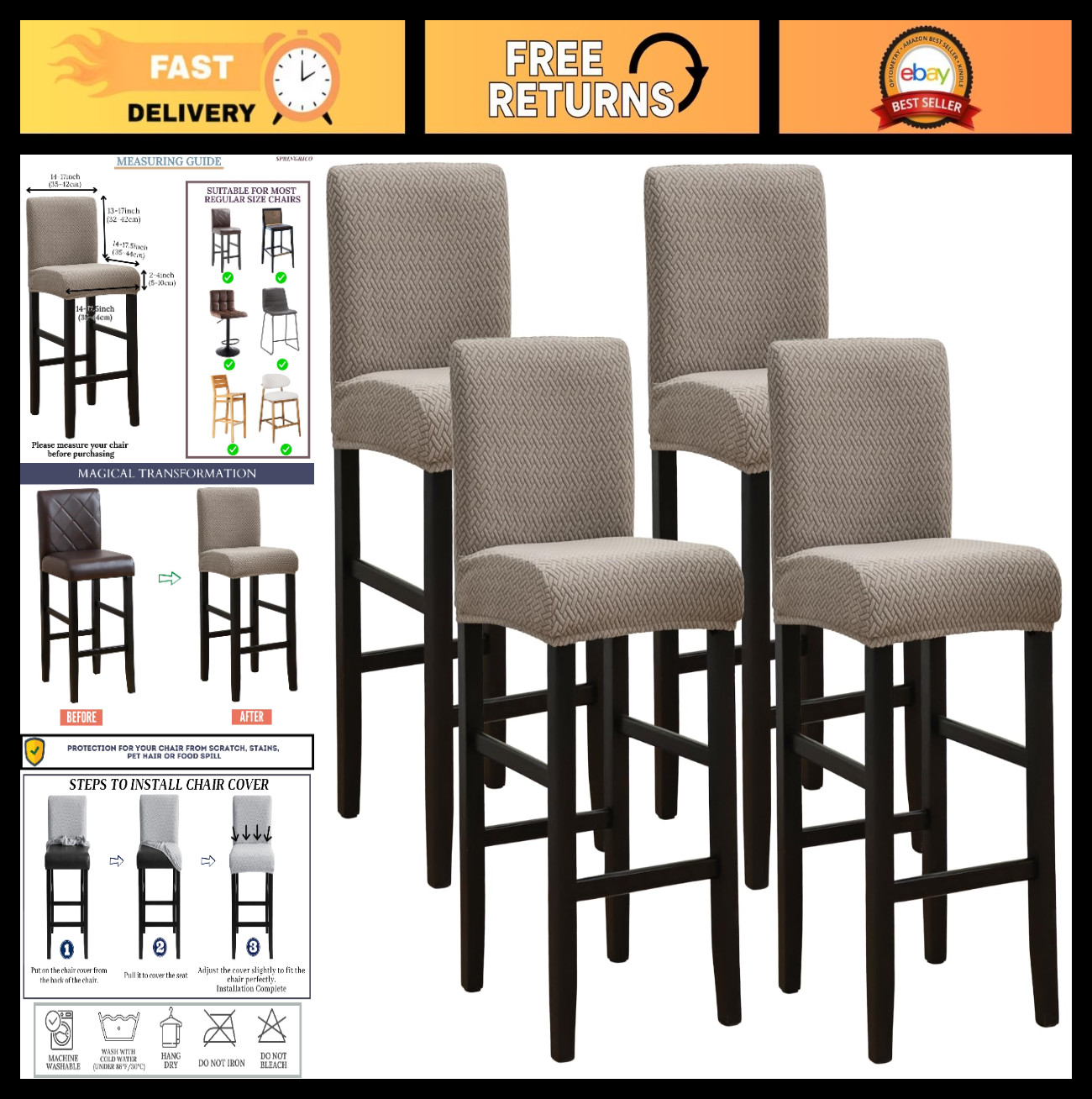 Stretch Washable Bar Stool Covers Set of 4, Removable Counter Height Seat Covers