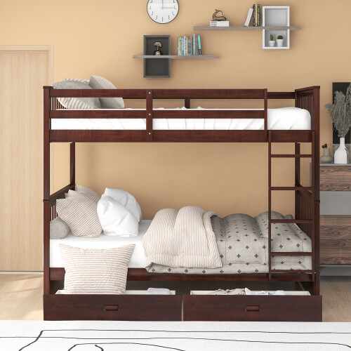 Full Over Full Bunk Bed W/ Storage Drawers Wood Platform Beds Bedroom Furniture