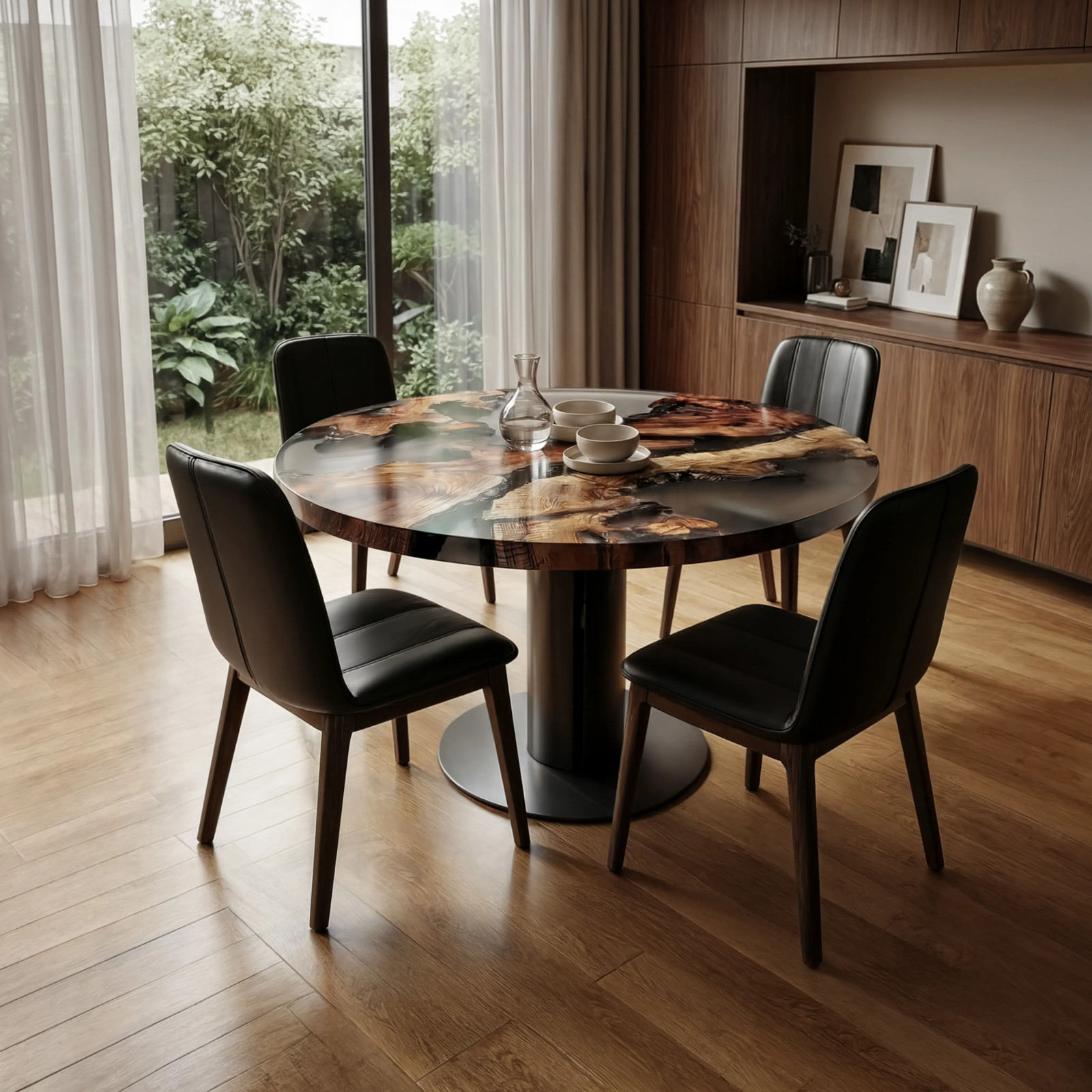 Handmade Round Epoxy Resin Wood Dining Table Top | Live Edge Wooden Tabletop
