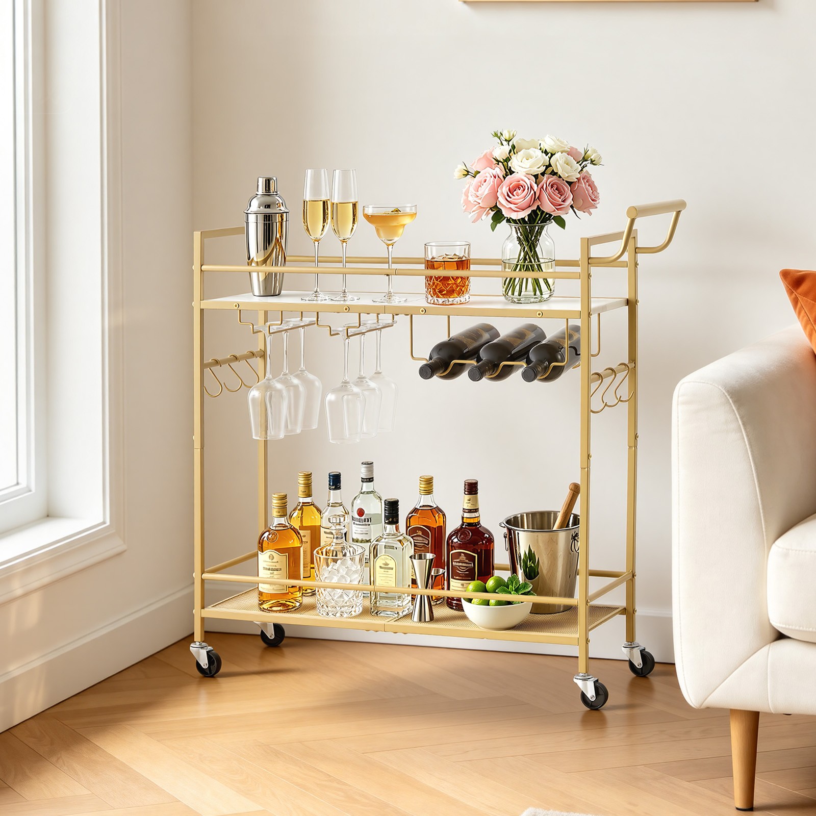 VEVOR 2 Tiers Bar Cart Home Kitchen Serving Carts w/ Wine Rack Glass Holder Gold