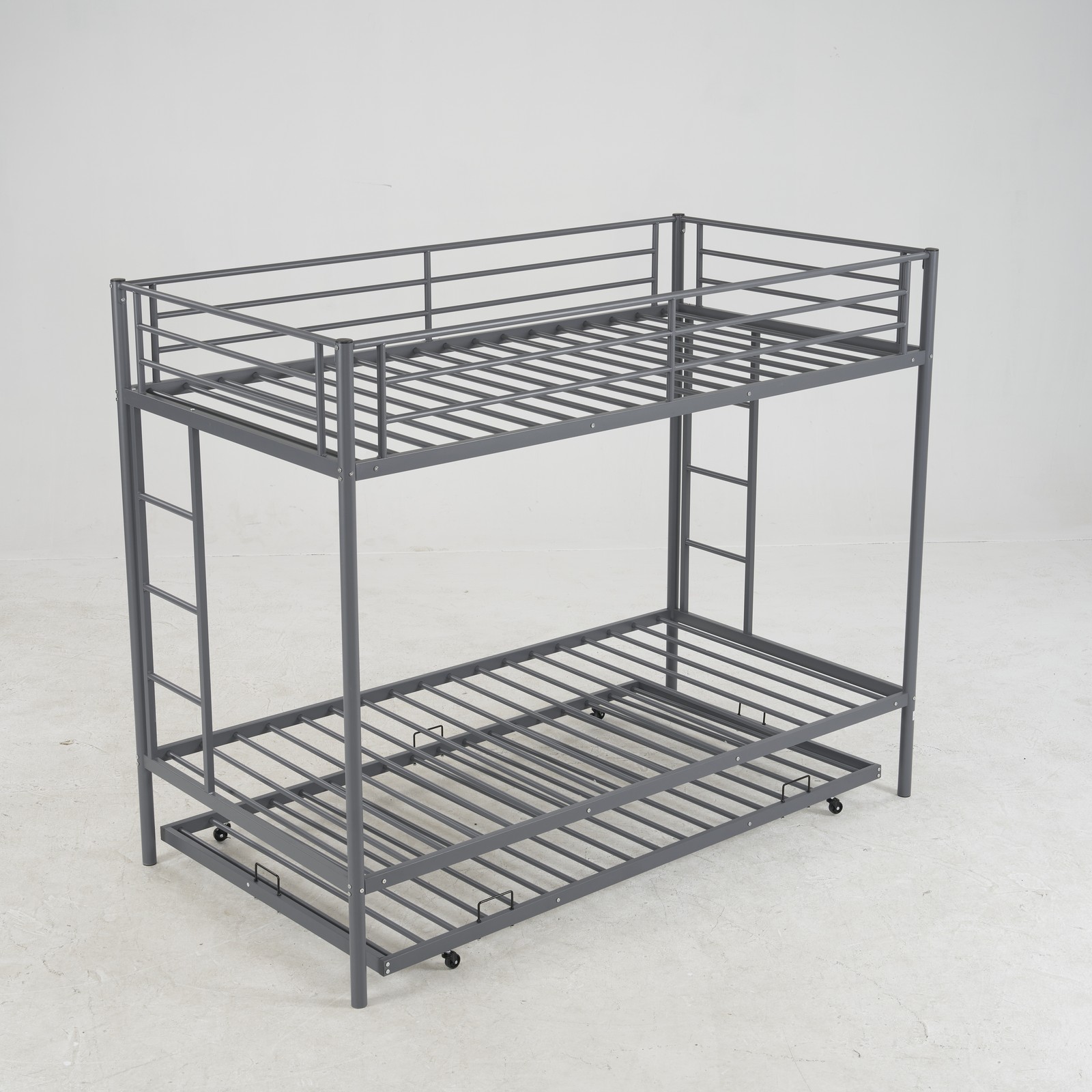 Metal Twin Over Twin Bunk Bed Frame with Trundle and Ladder Kids Child Bedroom