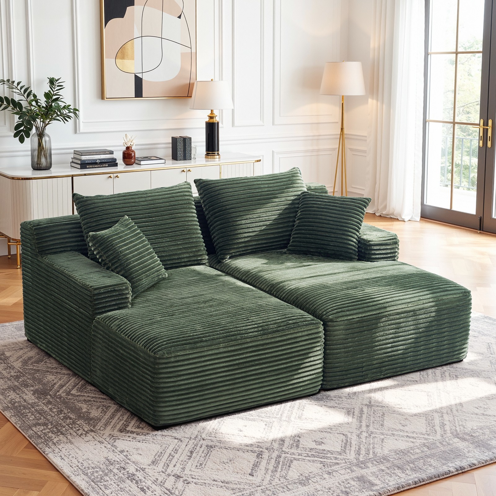 80″ Oversized Double Chaise Lounges Boneless Couch Deep Seat Green