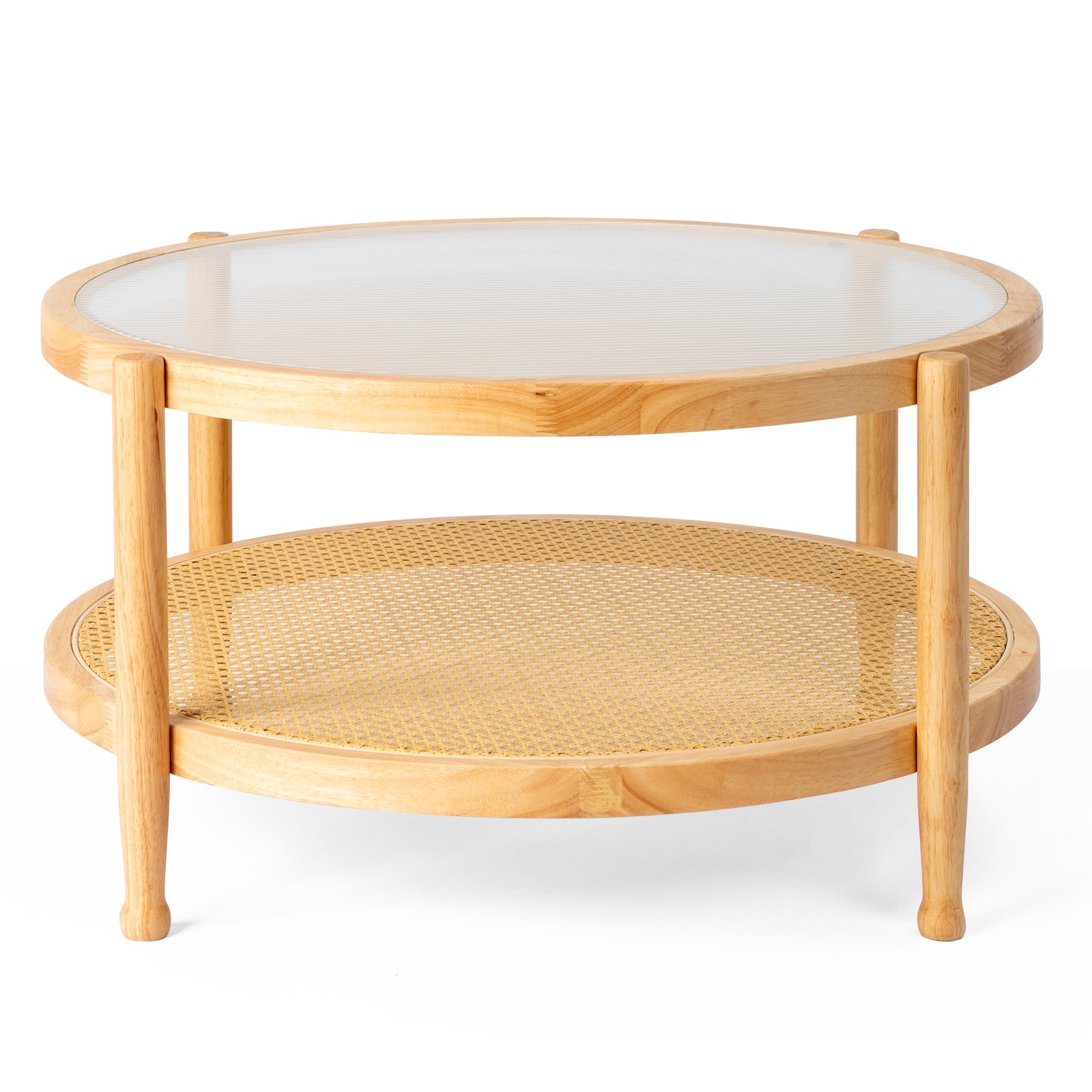 31.5in Natural Rattan Round Coffee Table with Glass Top Boho Side Table for