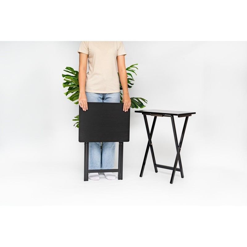 Indoor Folding TV Tray Table Set of 2 Portable Space Saving Rubberwood Black New