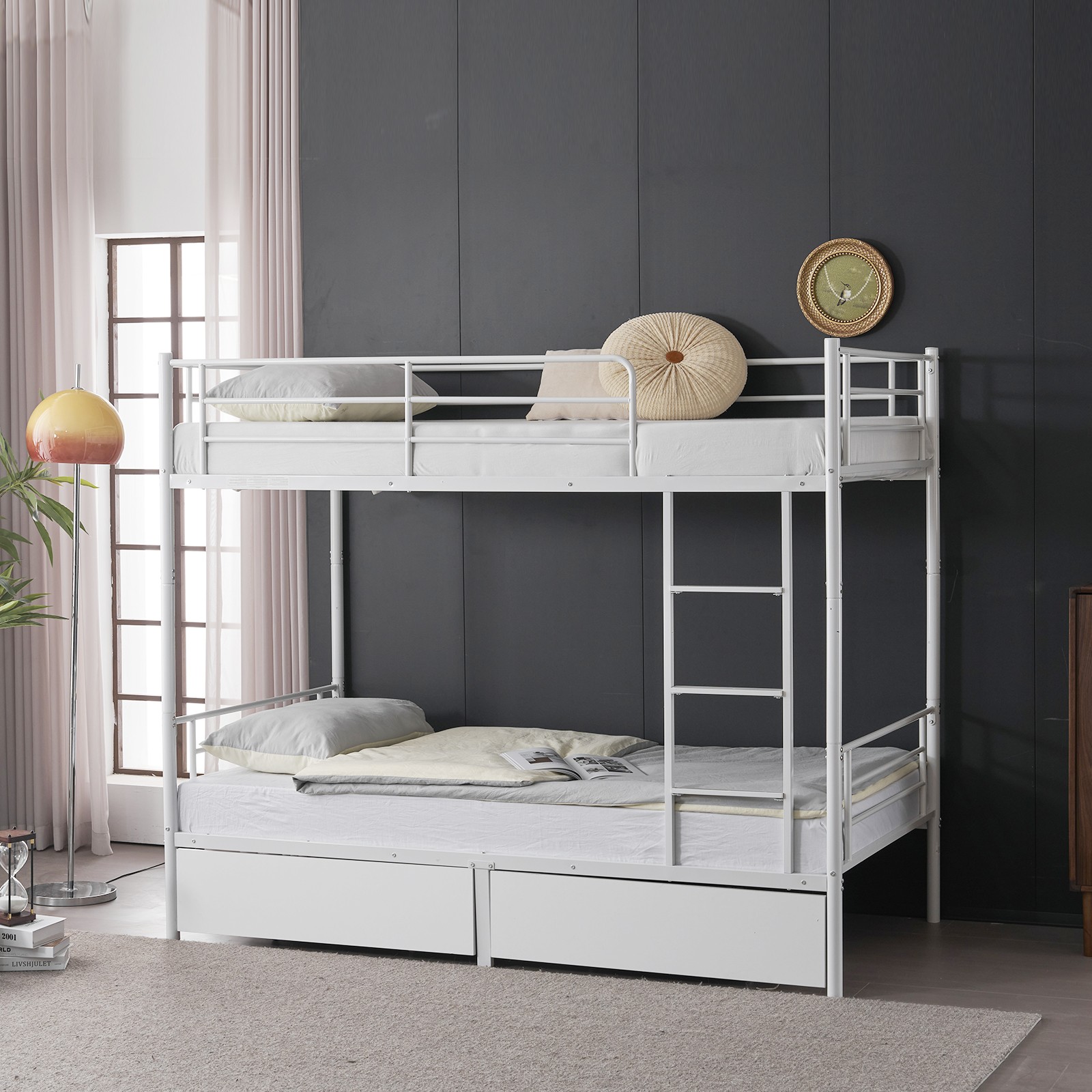 Twin Over Twin Convertible Bunk Bed with 2 Storage Drawers, Metal Bunk Bed White