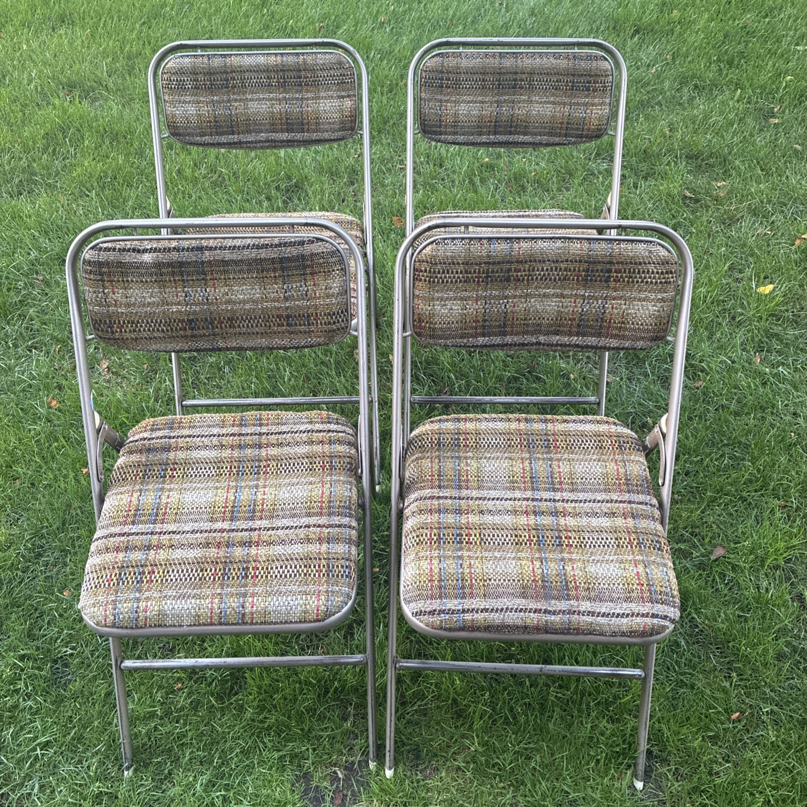 Vtg Folding Chairs Samsonite Plaid Tweed Padded Fabric 1980s Set Of 4