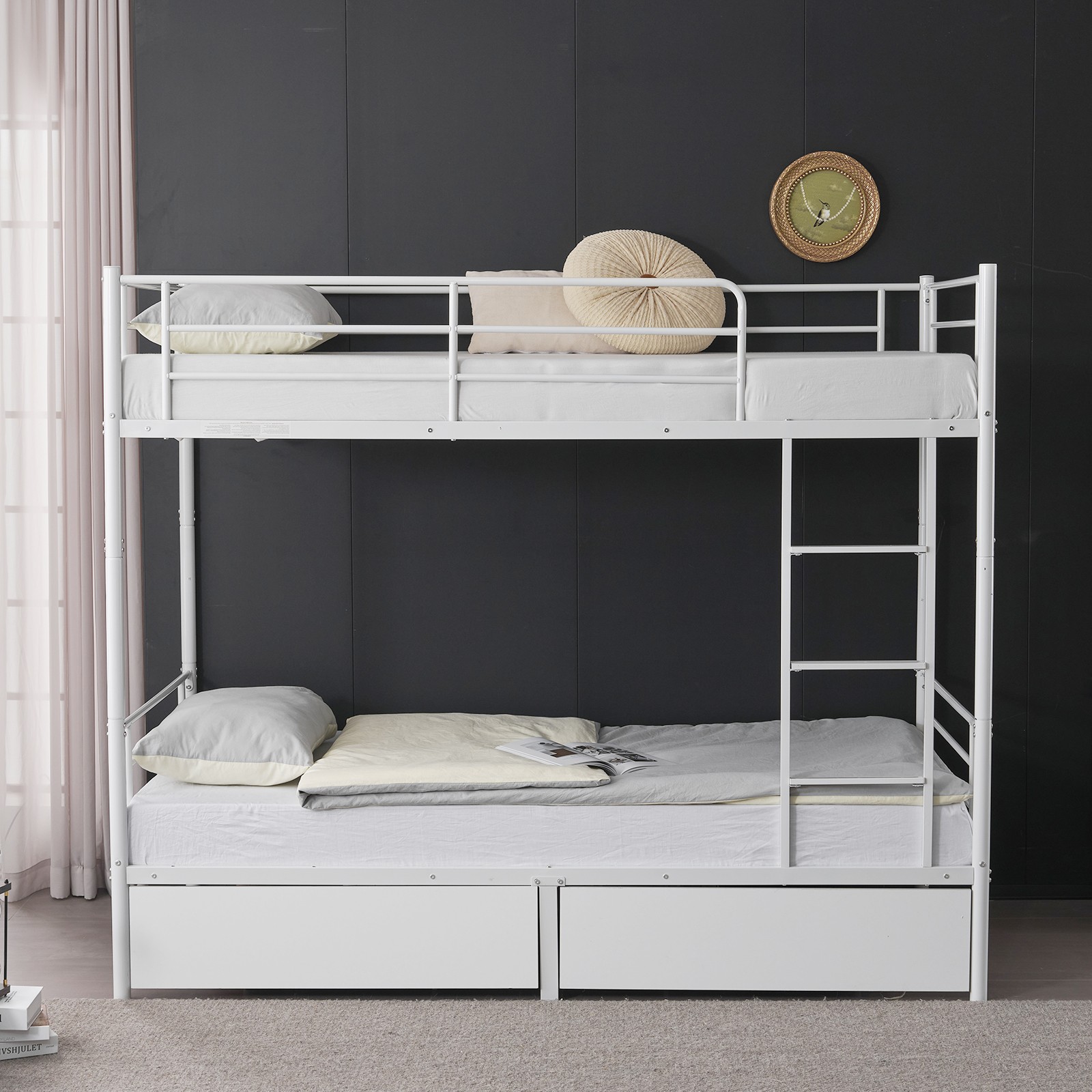 Twin Over Twin Convertible Bunk Bed with 2 Storage Drawers, Metal Bunk Bed White