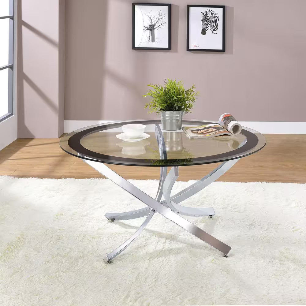 35.5 In. Black and Chrome round Glass Coffee Table