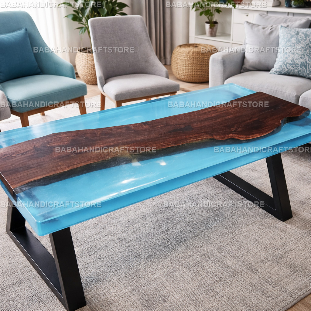 Blue Epoxy Resin River Table Top Live Edge Wood Dining Table Rustic Luxury Handm