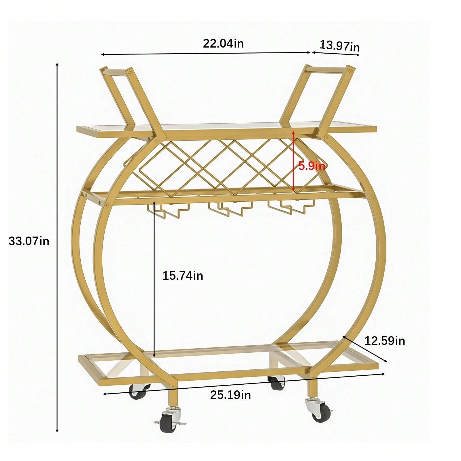 Glass Bar Trolley 2 Tier Rolling Wine Rack Cart with Wheels Metal Frame
