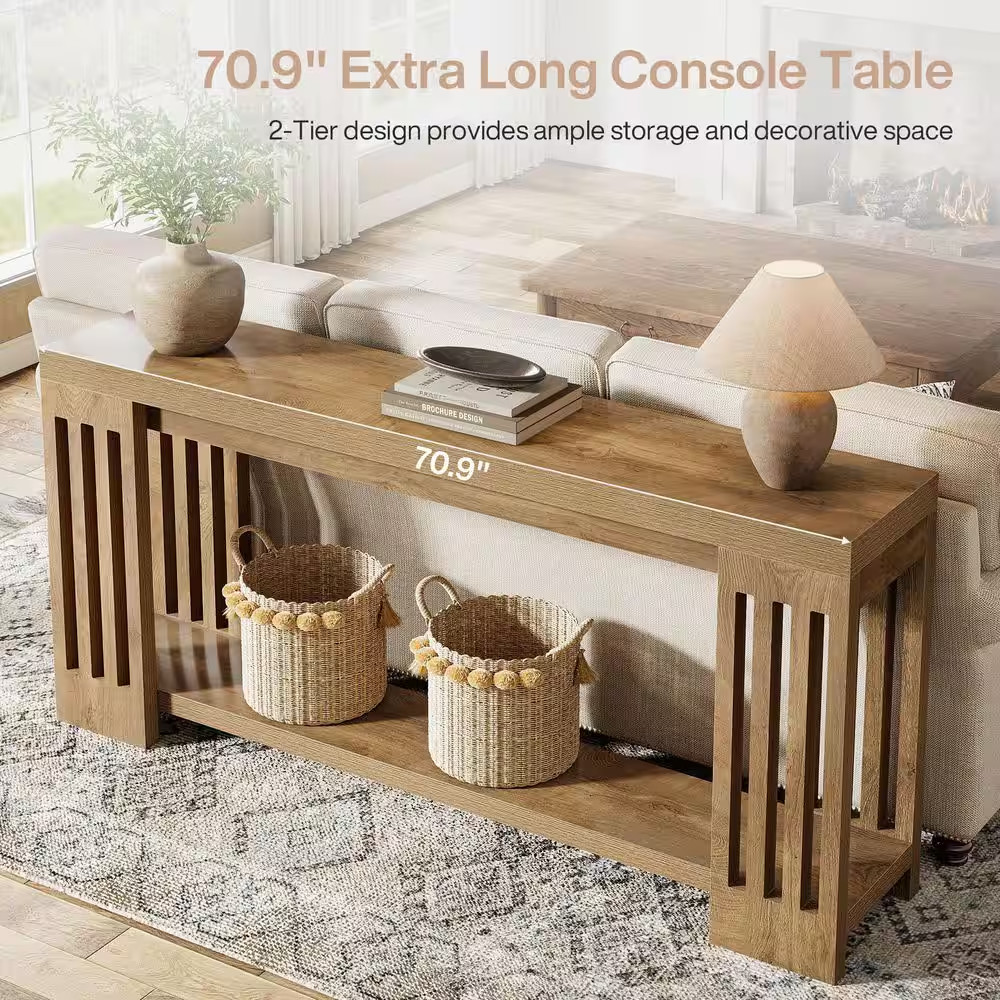 Turrella 70.9 In. Light Brown Entryway Table, Rectangle Wood Console Tables with