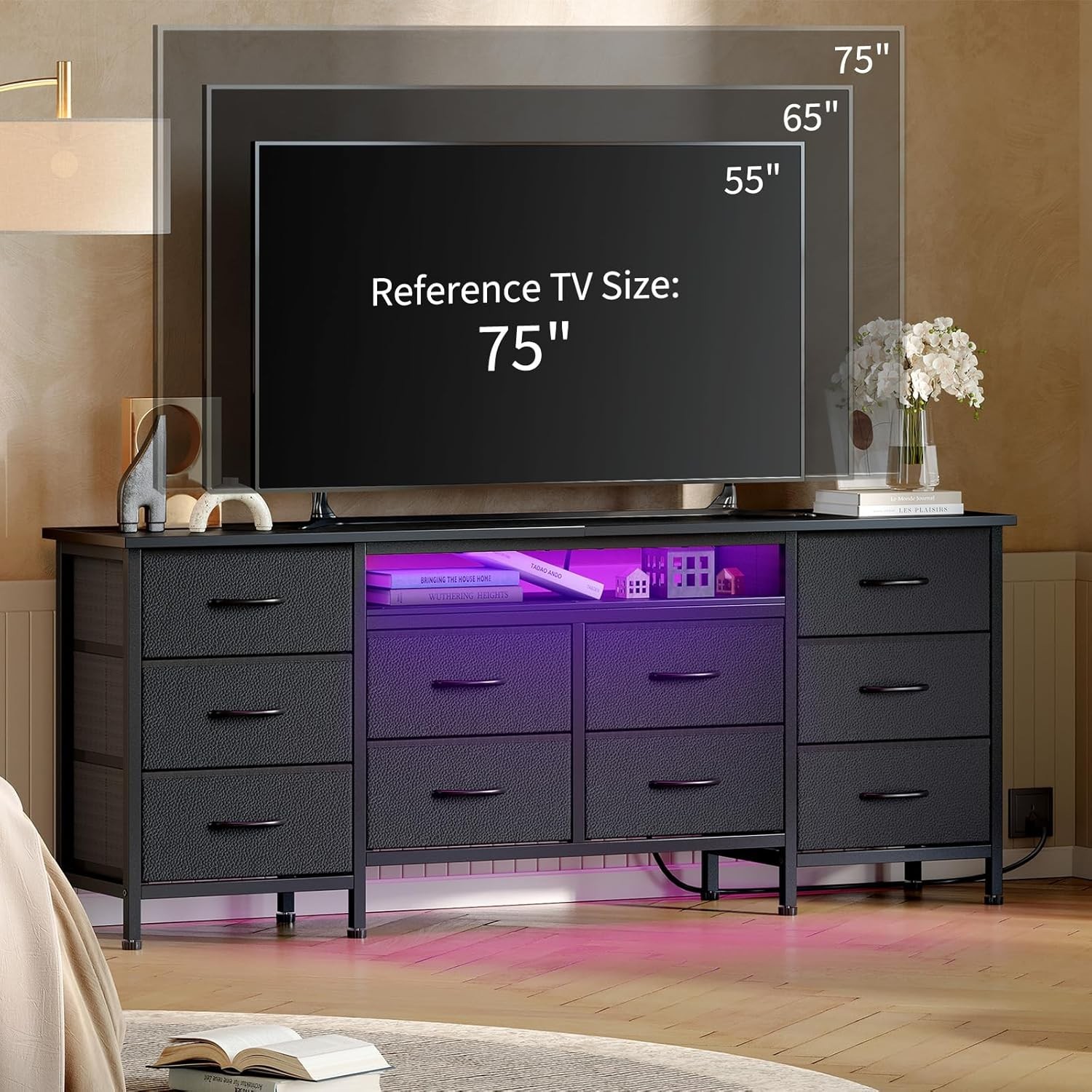 TV Stand for 65, 70, 75 Inch TV 10 Drawer Long Dresser w Power Outlets LED Light