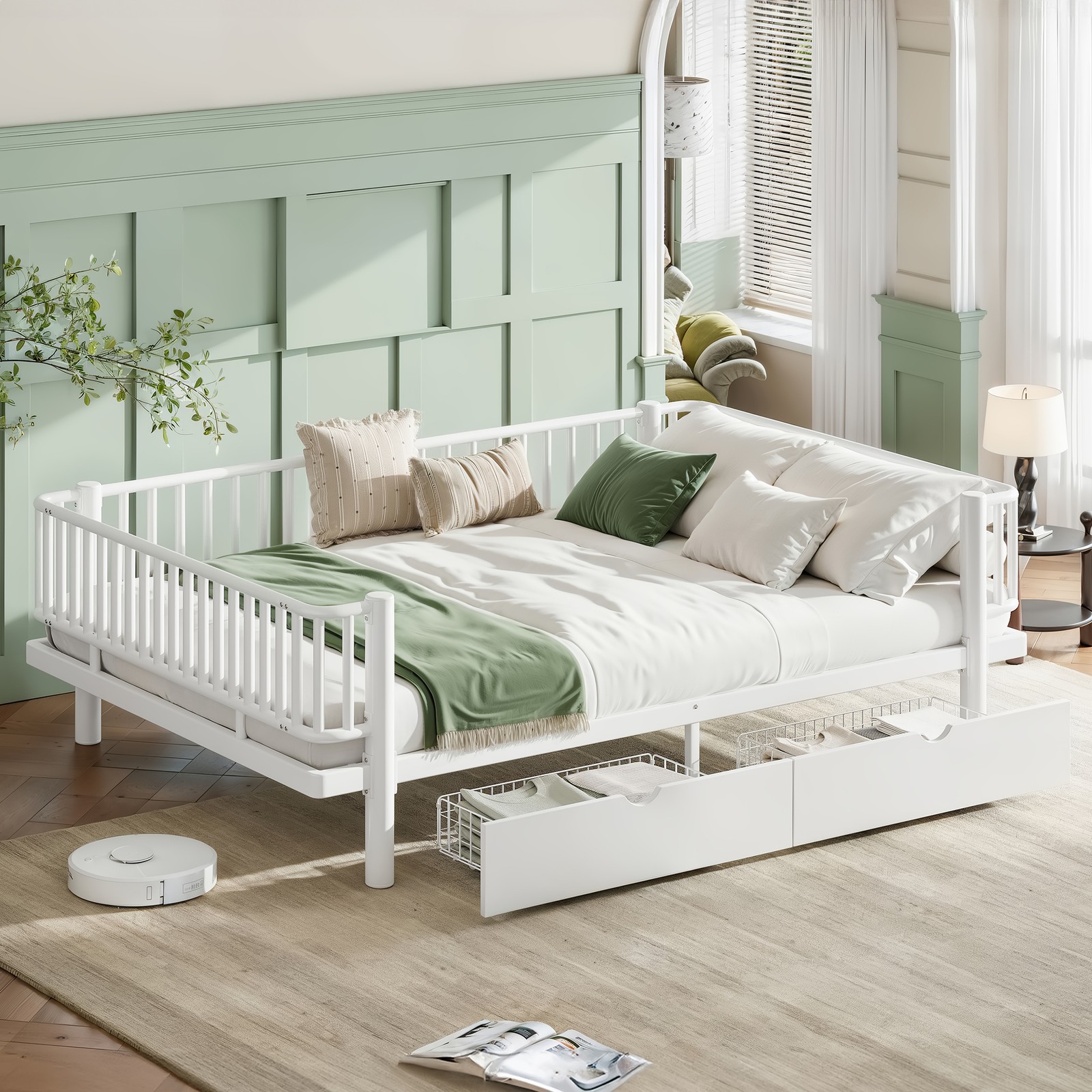Queen Size Metal MDF Platform Bed Frame Daybed Slatted W/ Storage Drawers White