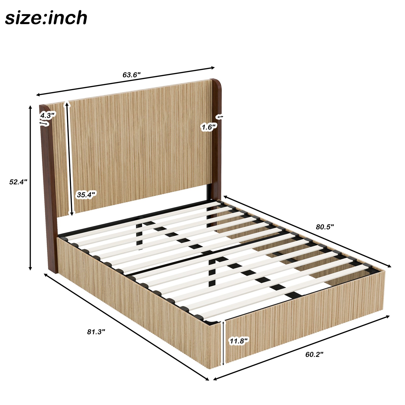 Queen Platform Bed Frame with Headboard, Natural Wood Finish