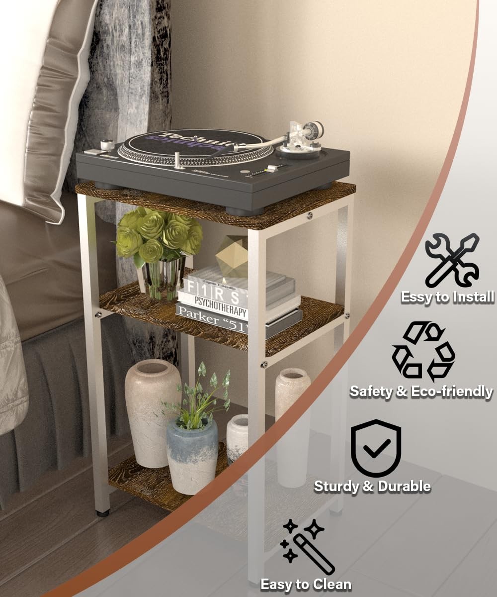 3 Tier Side Table Rustic Brown White Narrow End Table Nightstand Storage