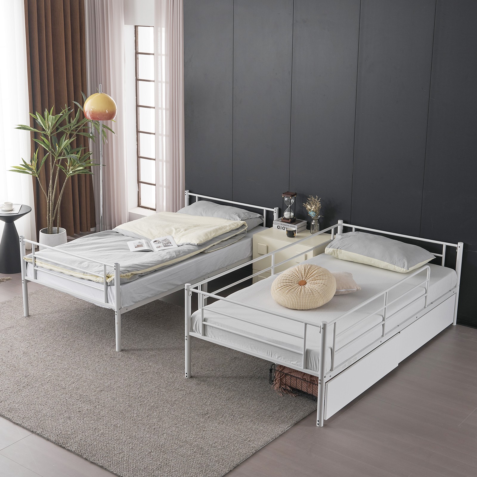 Twin Over Twin Convertible Bunk Bed with 2 Storage Drawers, Metal Bunk Bed White