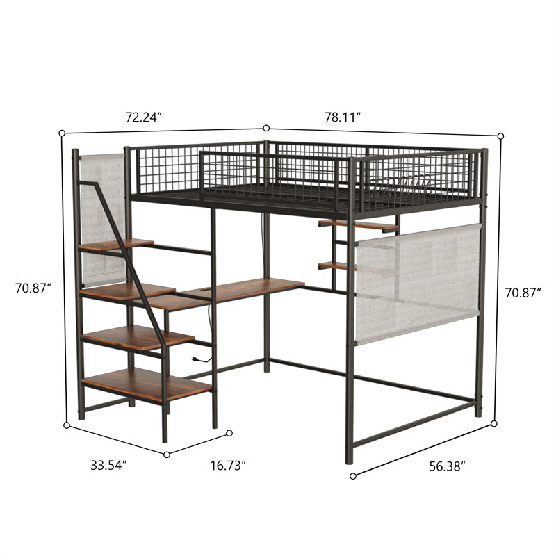 Full Size Metal Loft Bed w/Desk,Storage Stairs,Shelves & LED Light for Dormitory