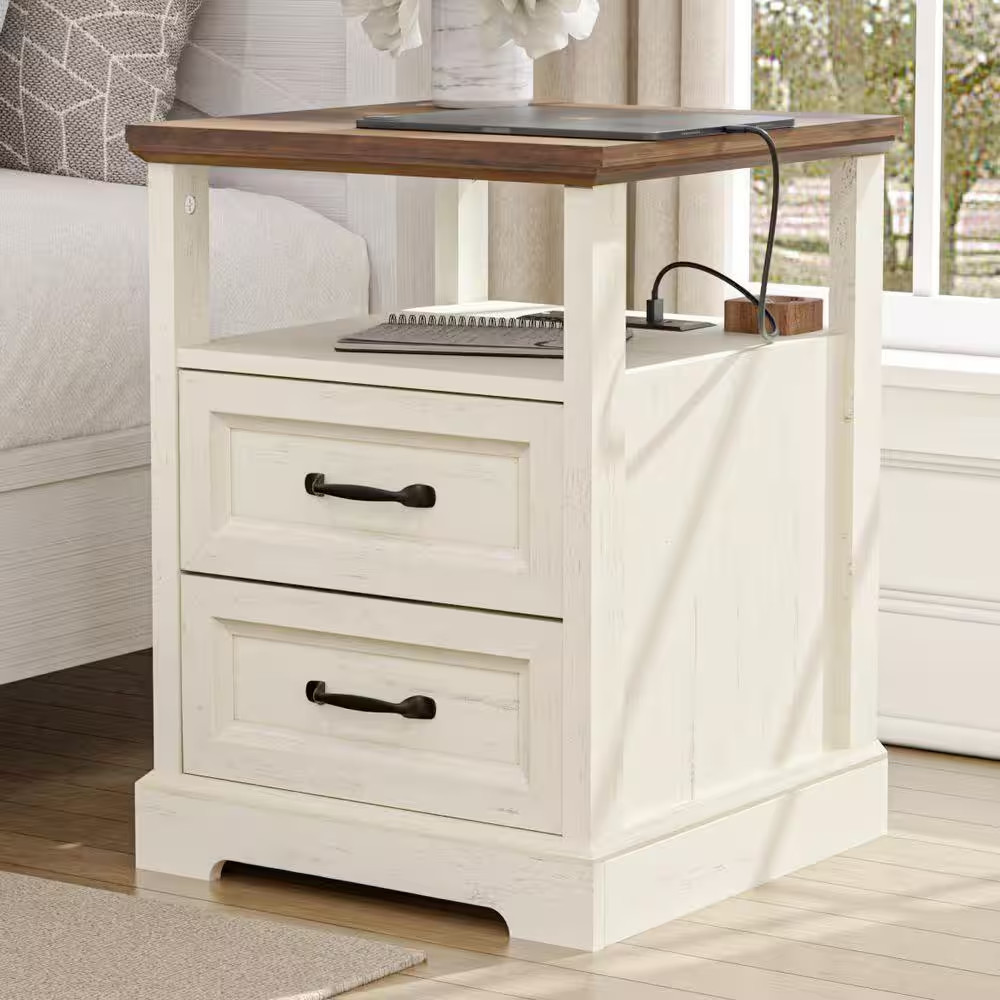 Farmhouse White/Brown 2-Drawer 17.7 In. W Nightstand with Charging Station and O