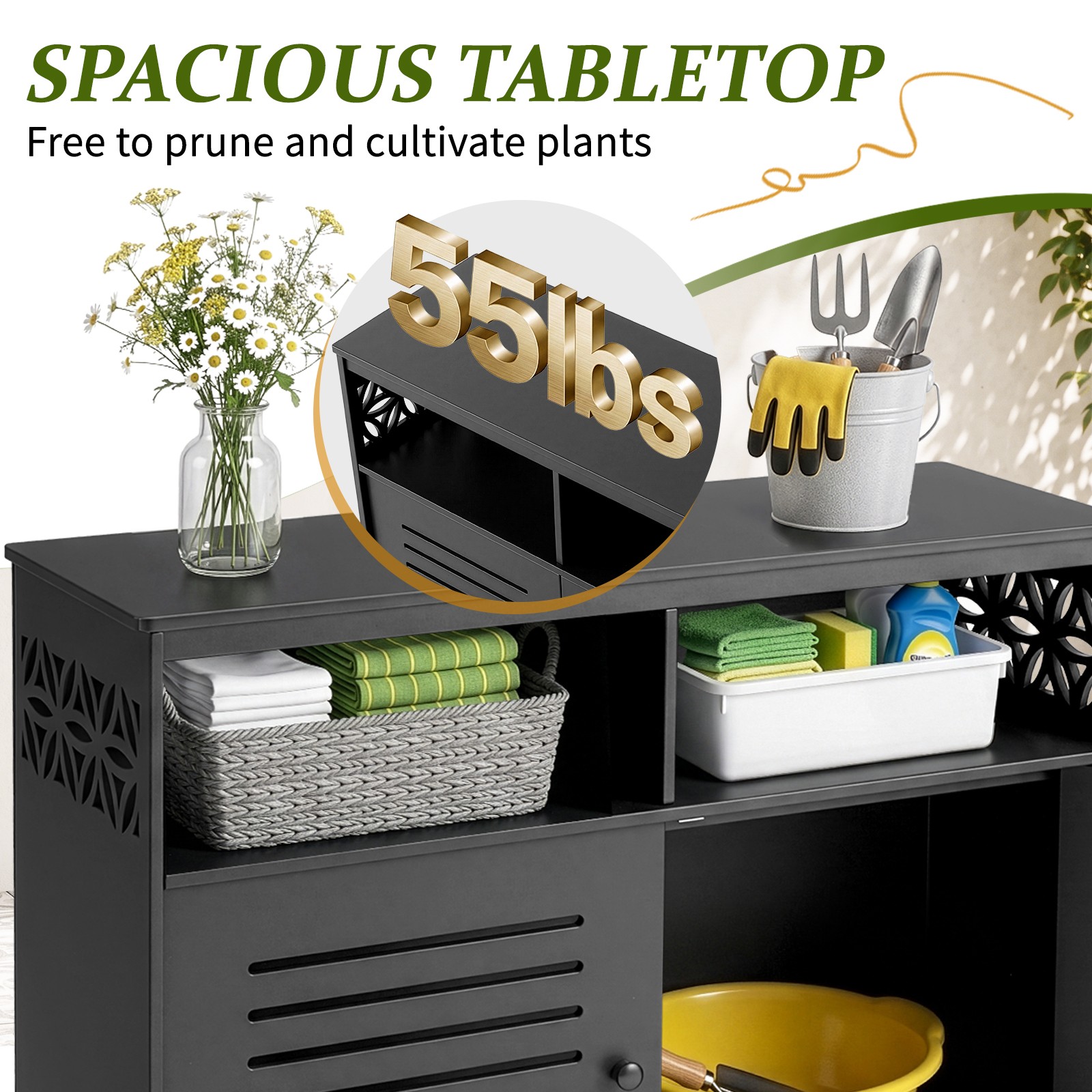 27-42in Plastic Storage Cabinet, Workbench w/ Door for Indoor Outdoor Garden