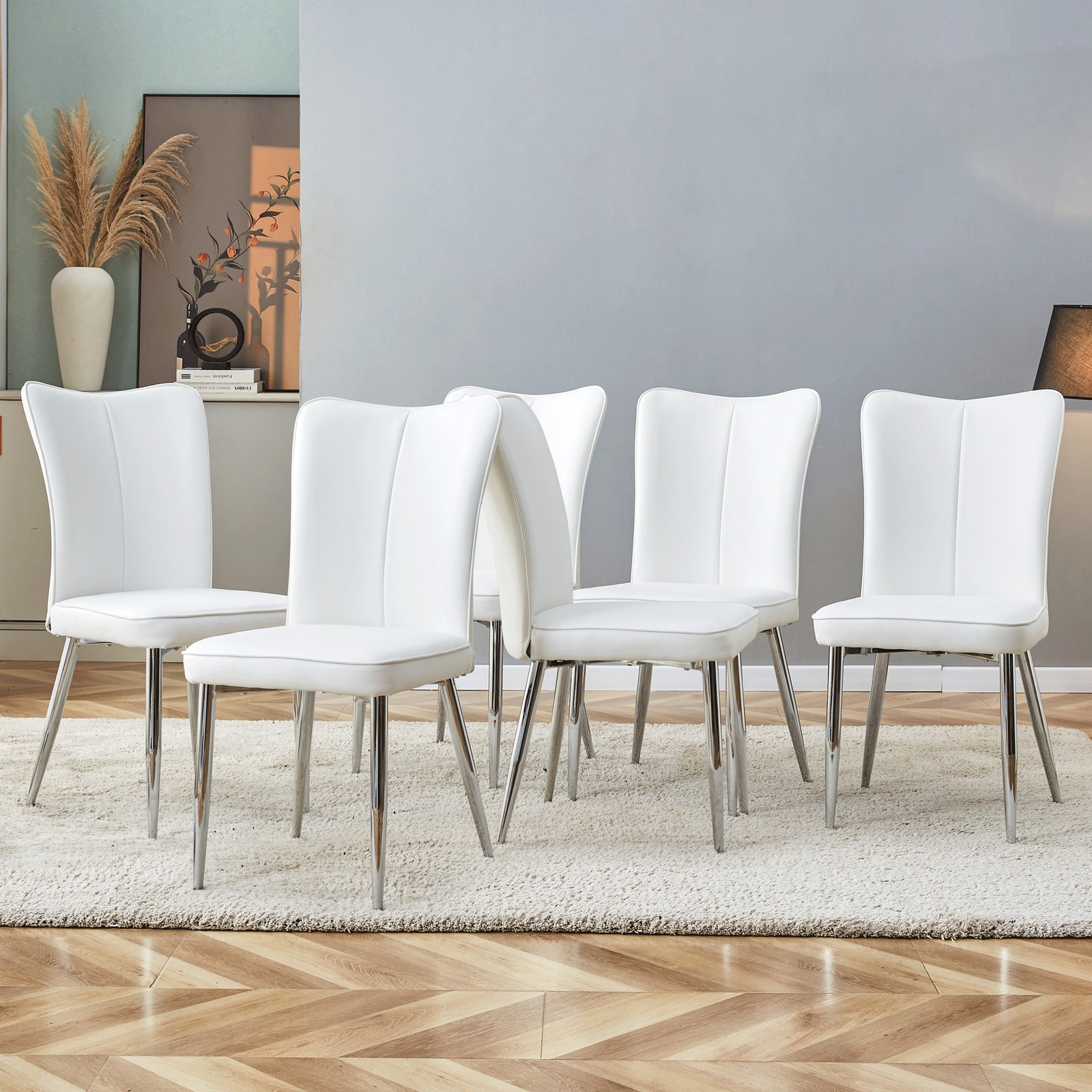 Modern White PU Leather Dining Chairs SET OF 6 Armless Side Chairs W/ Metal Legs