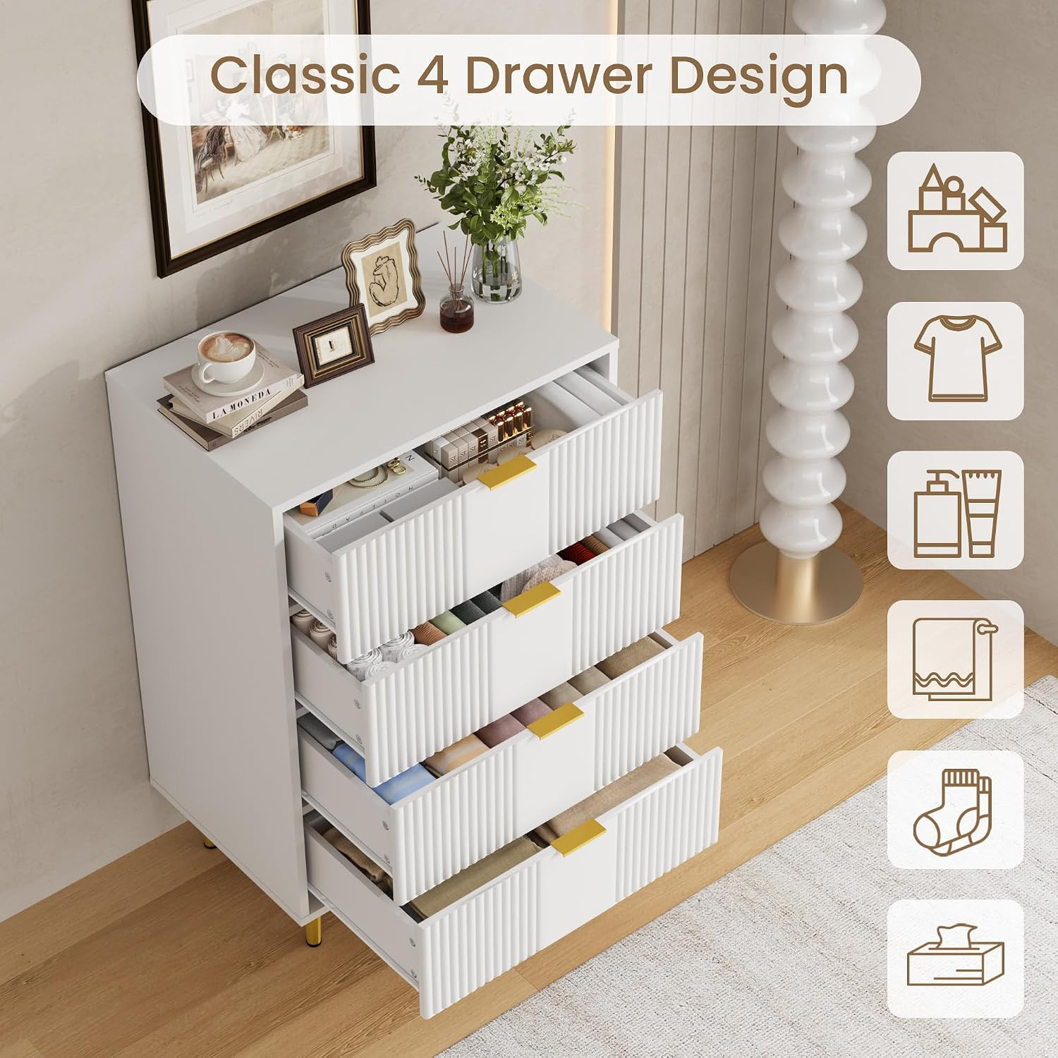 Fluted Dresser for Bedroom with 4 Drawers, 36.85″ Tall Modern Chest of Drawers w