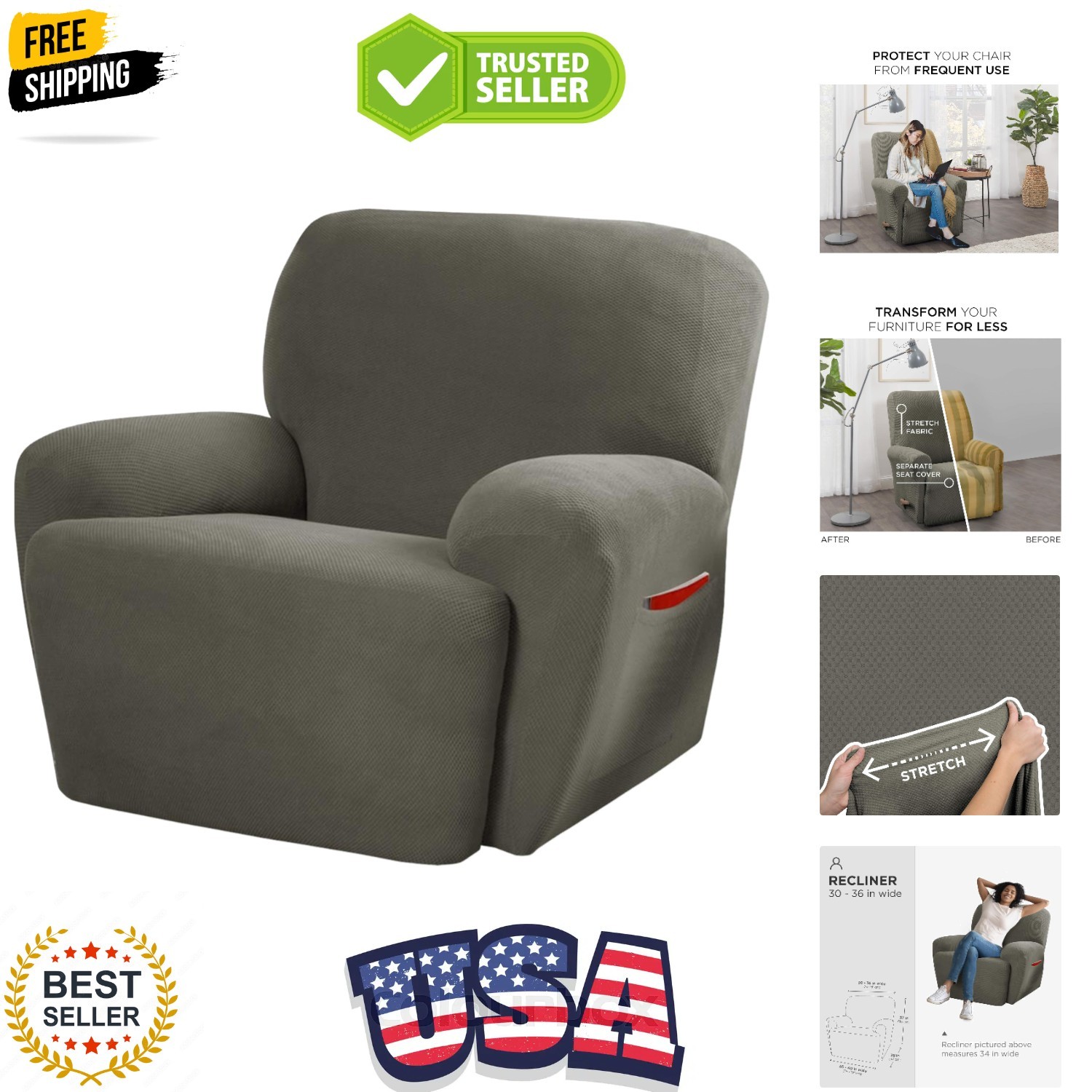 4300319 Pixel Ultra Soft Stretch 4 Piece Recliner Arm Chair Furniture Cover S…