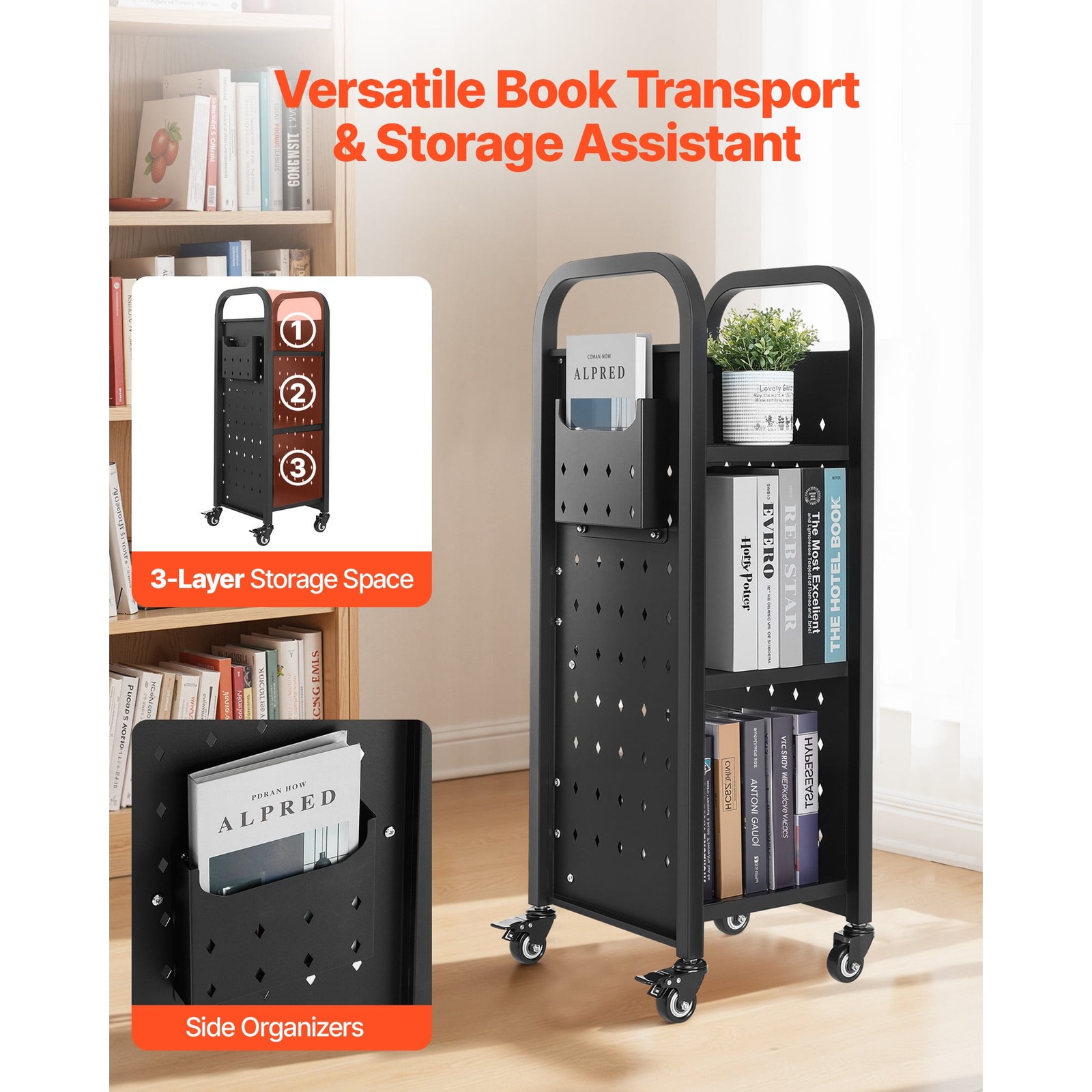 Rolling Library Book Cart 220 lbs Capacity 12.6 x 13.8 x 36.8-Inch Cart