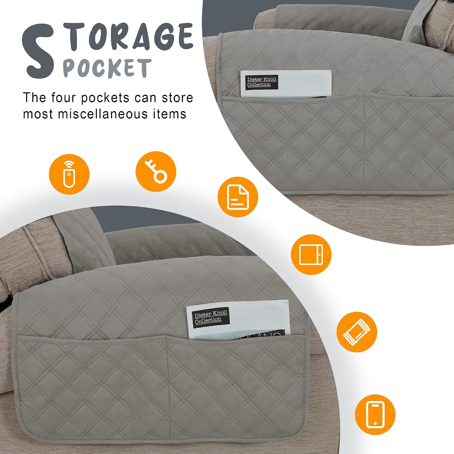 Waterproof Recliner Chair Cover w/ Pockets, Non Slip Washable Light Grey, 20″