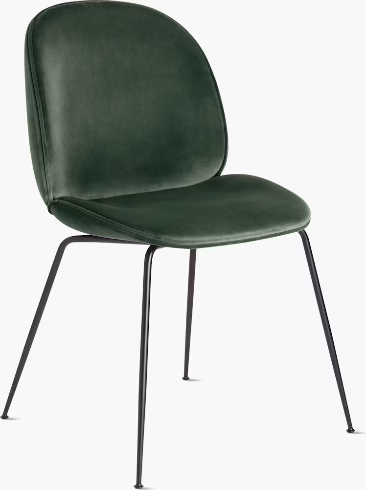 10 Gubi Beetle Green Velvet Dining Chairs, Black Metal Legs, Modern Upholstered