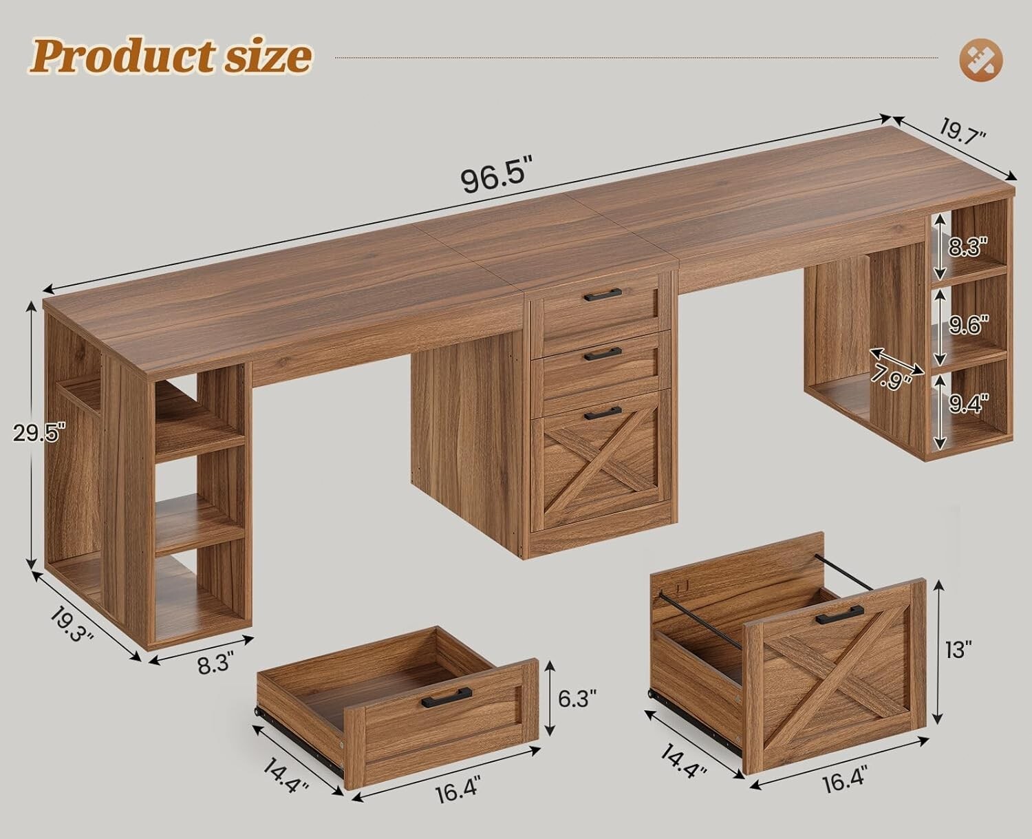 Farmhouse 96.5″ Computer Desk, Long Two Person Desk w/3 Drawers &Storage Shelves