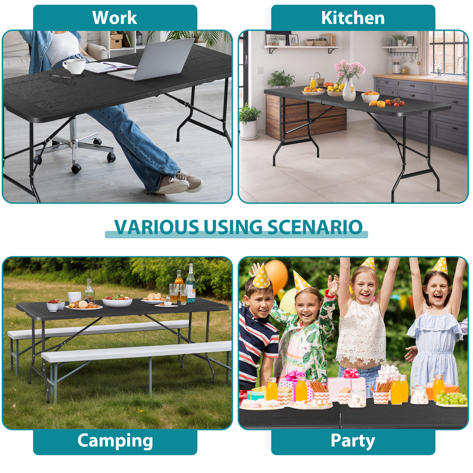 6FT Dining Table Foldable Plastic Utility Table In/Outdoor Camping Picnics Black