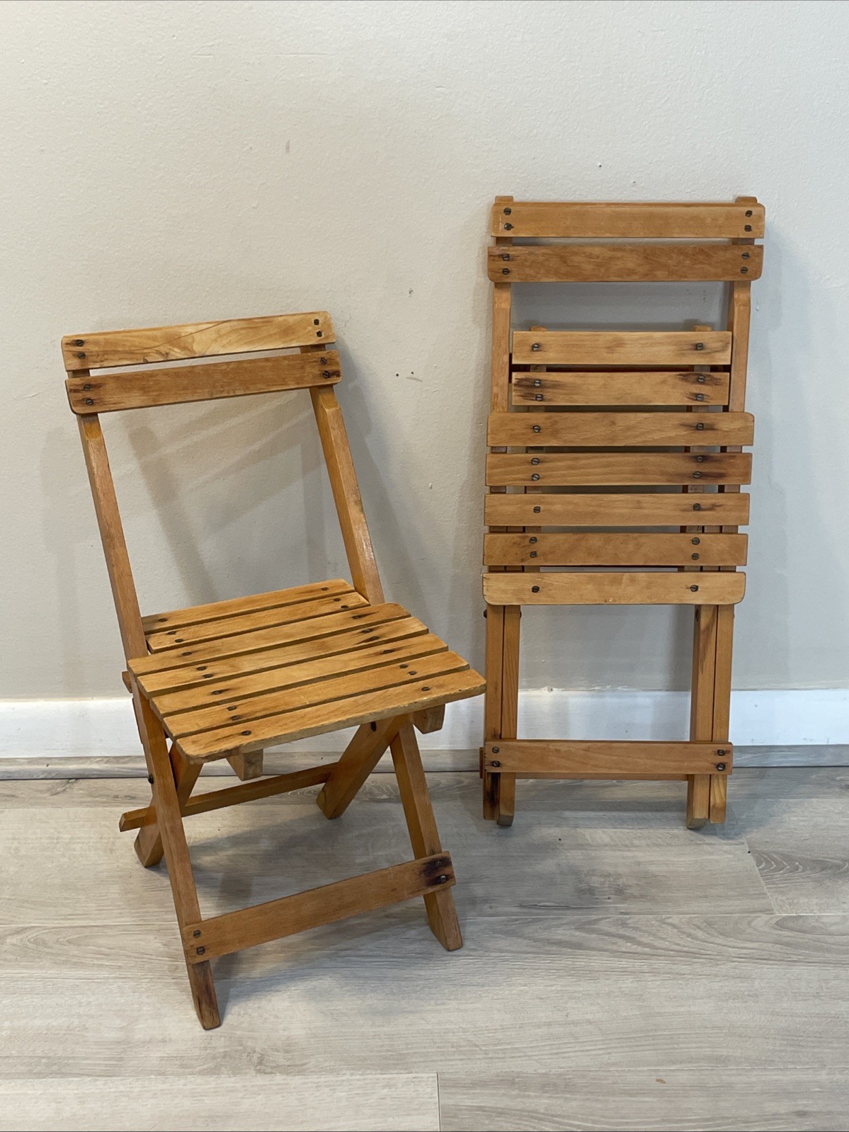VTG Mid Century Kids Wood Folding Chairs Pair Slat Child Doll Size Plant Stand