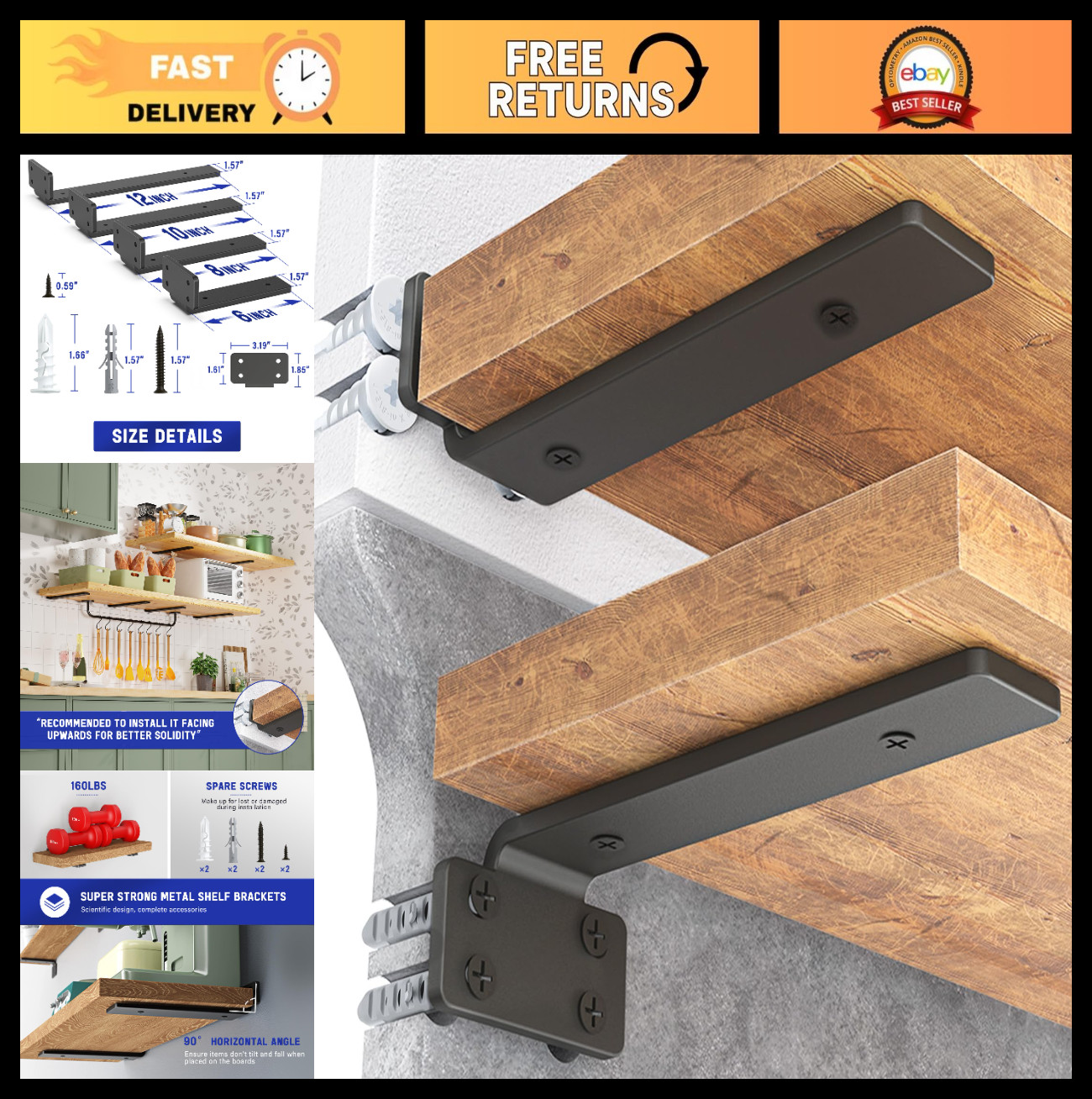 Heavy Duty 12″ Floating Shelf Brackets – 6 Pack Metal Wall Supports, 160 lb Capa