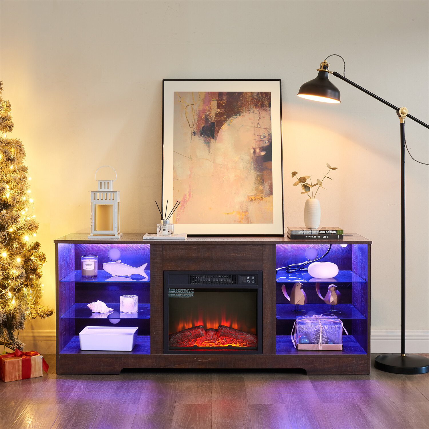LED TV Stand Cabinets TV Media Console with 18” Fireplace for TV Up to 62in
