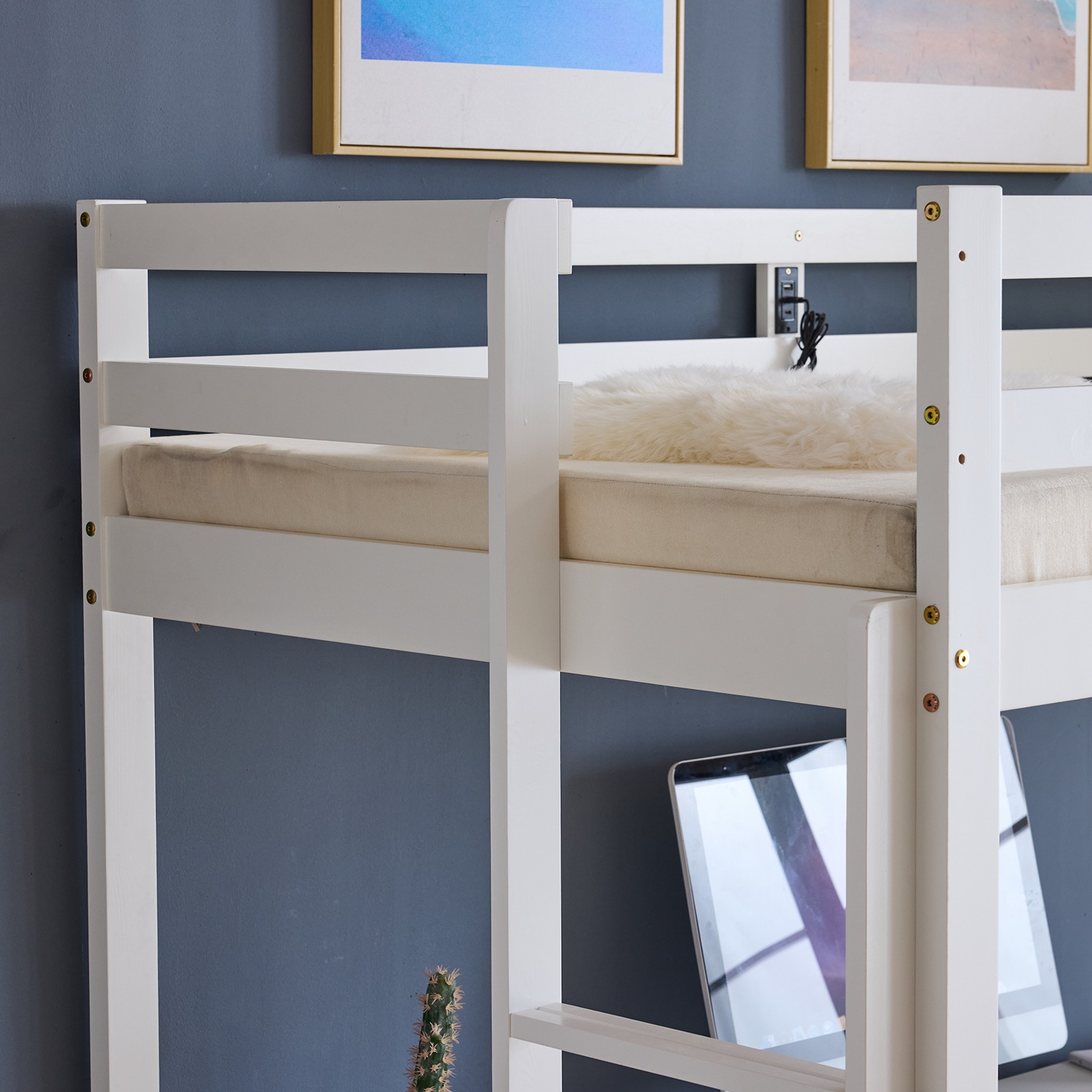 Solid Wood Loft Bed Frame w/Safety Guardrails & Ladder for Kids/Teens/Adults