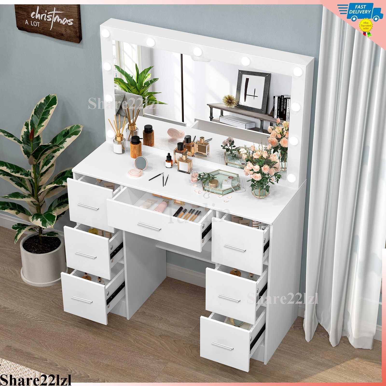Makeup Vanity Table Set with Large LED Lighted Mirror Bedroom Dressing Dresser