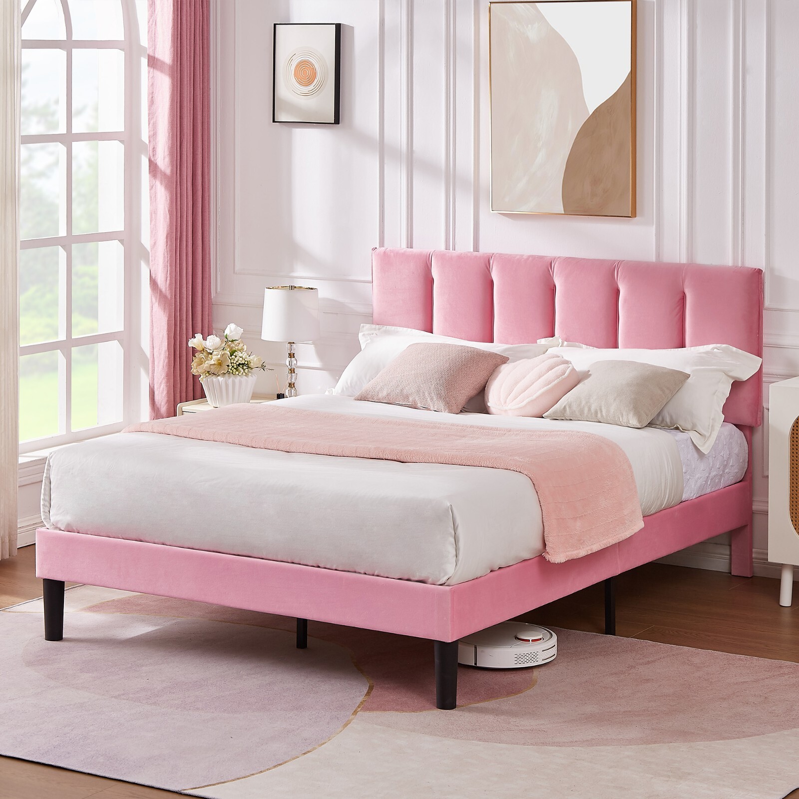 Upholstered Pink Twin Full Queen Size Bed Frame Velvet Platform with Headboard